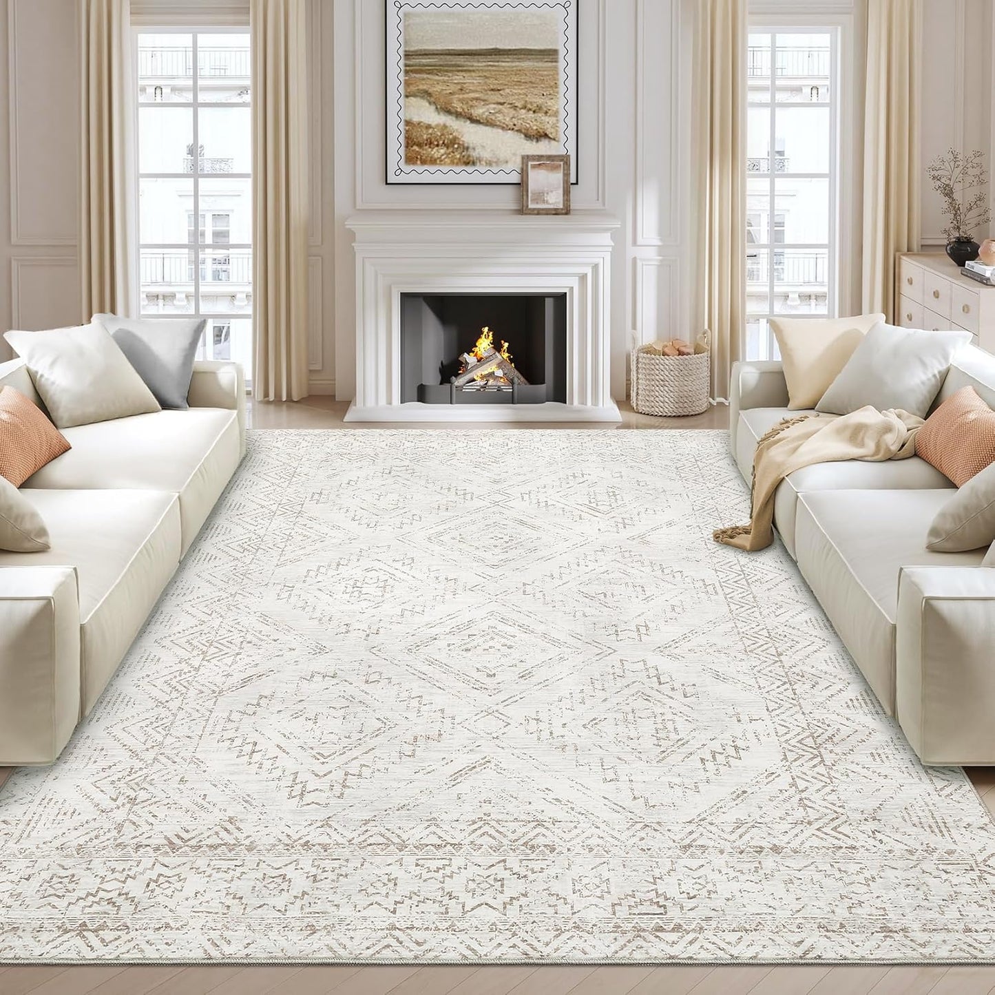 COZYLOOM 10x13 Area Rug Living Room Washable Rugs Stain Resistant for Bedroom Soft Floor Carpet Non Slip Distressed Geometric Carpet for Dining Room Laundry Room Office, Ivory