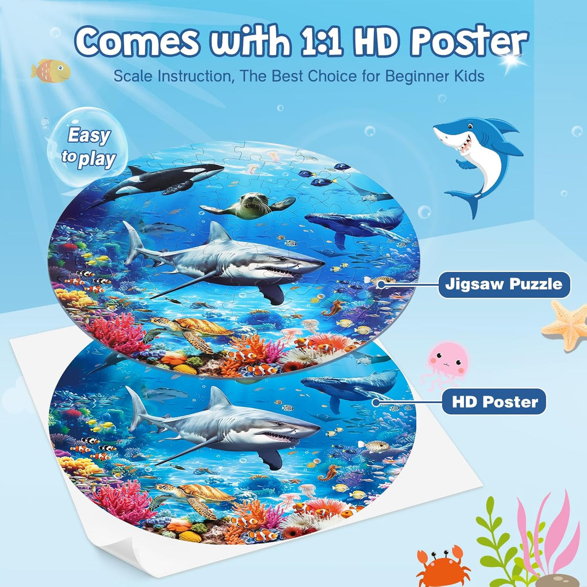 Underwater Ocean Floor Puzzle for Kids Ages 4-6, Shark Toys for Boys Girls, 70 Pieces Large Jigsaw Shark Puzzles for Kids Ages 3-8, Educational Ocean Animals Toys for Birthday Christmas