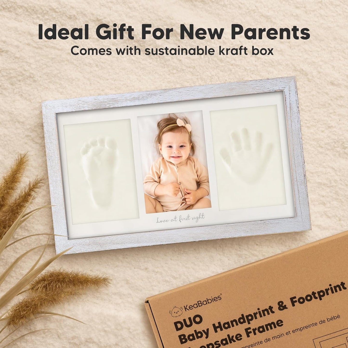Baby Hand and Footprint Kit - Clay Handprint Keepsake Frame, Newborn Nursery Picture Frame, Personalized New Mom Gifts for Baby Shower & Registry (Vintage Gray)