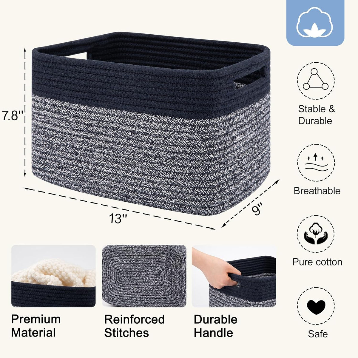 4 Pack Storage Baskets for Organizing, Woven Baskets for Shelves - Perfect for Toys, Books, Towels, and Clothes, Durable Gift Basket Bins Toy Storage, 13''L x9''W x7.8''H, Blue and Grey