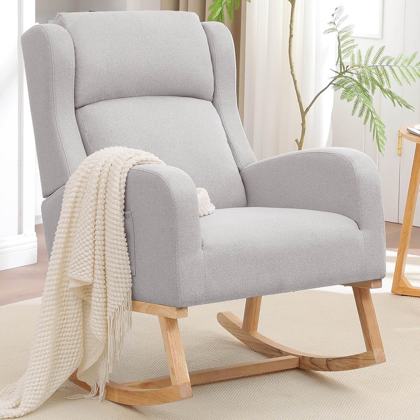 Rocking Chair Nursery, Nursing Rocking Chairs for Mom Nursery, Comfy Wingback Glider Rocking Armchair with Side Pocket for Nursery Living Room Bedroom, Light Grey