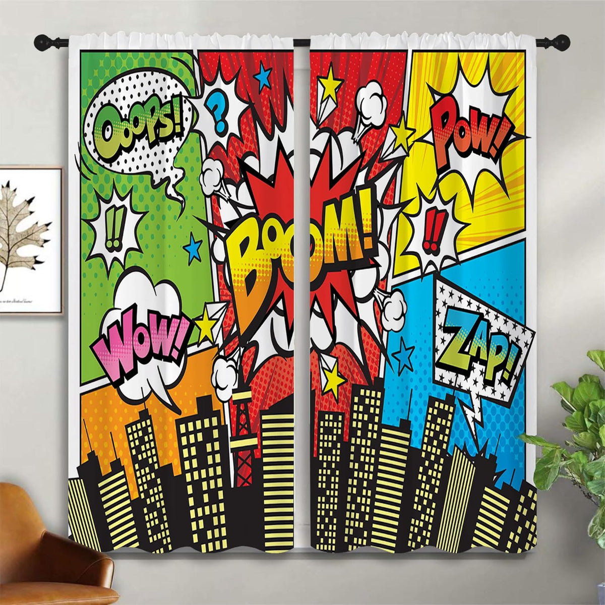 Superhero City Wars Explosion Rod Pocket Blackout Curtains for Boy Girl Bedroom, Colorful Comics Ar Home Energy Efficient Light Filtering Window Curtain for Living Room, 42x63 inch