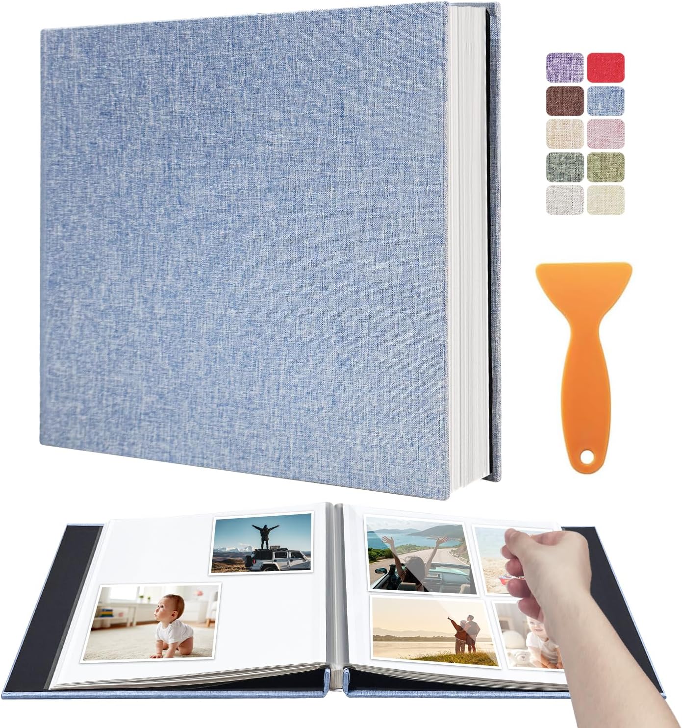 Large Photo Album Self Adhesive Scrapbook Album for 4×6 5×7 8×10 Pictures DIY Magnetic Linen Cover Album 60 Pages for Family Wedding Gifts with Metal Pen and Plastic Board