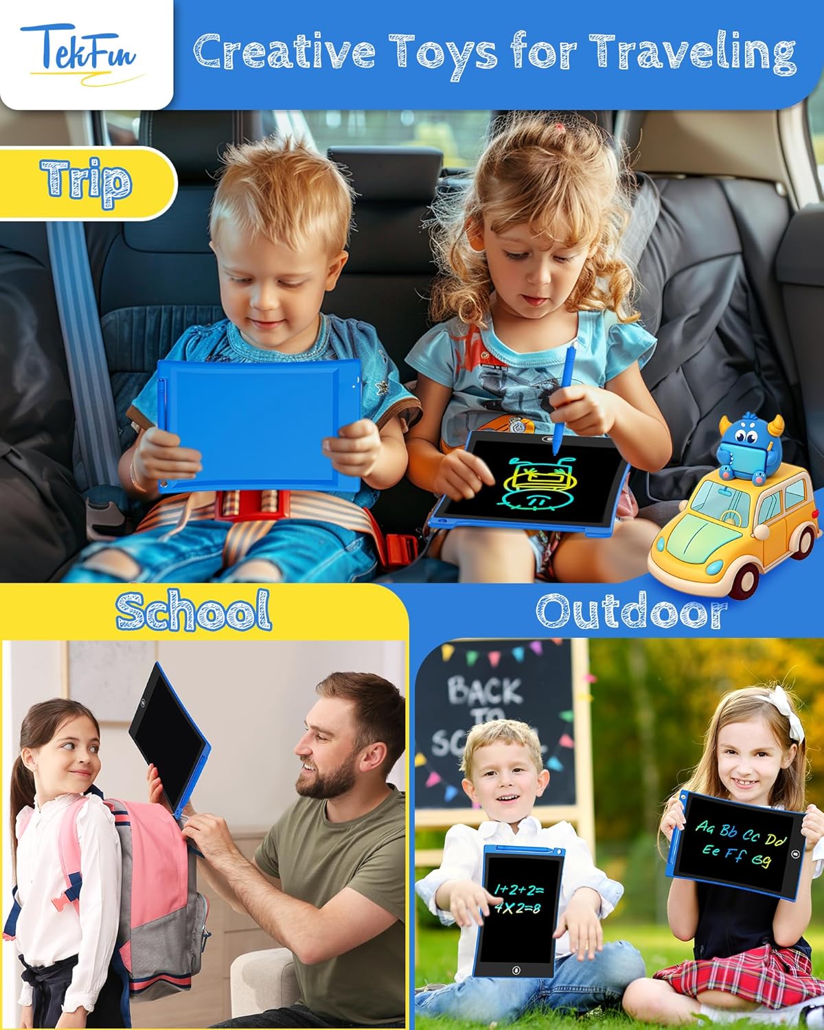 TEKFUN 2 Pack LCD Writing Tablet with Anti-Lost Stylus, 10in Erasable Doodle Board Coloring Drawing Pad for Kids, Car Trip Educational Toys Birthday Gift for 3 4 5 6 7 Girls Boys Toddler (2*Blue)
