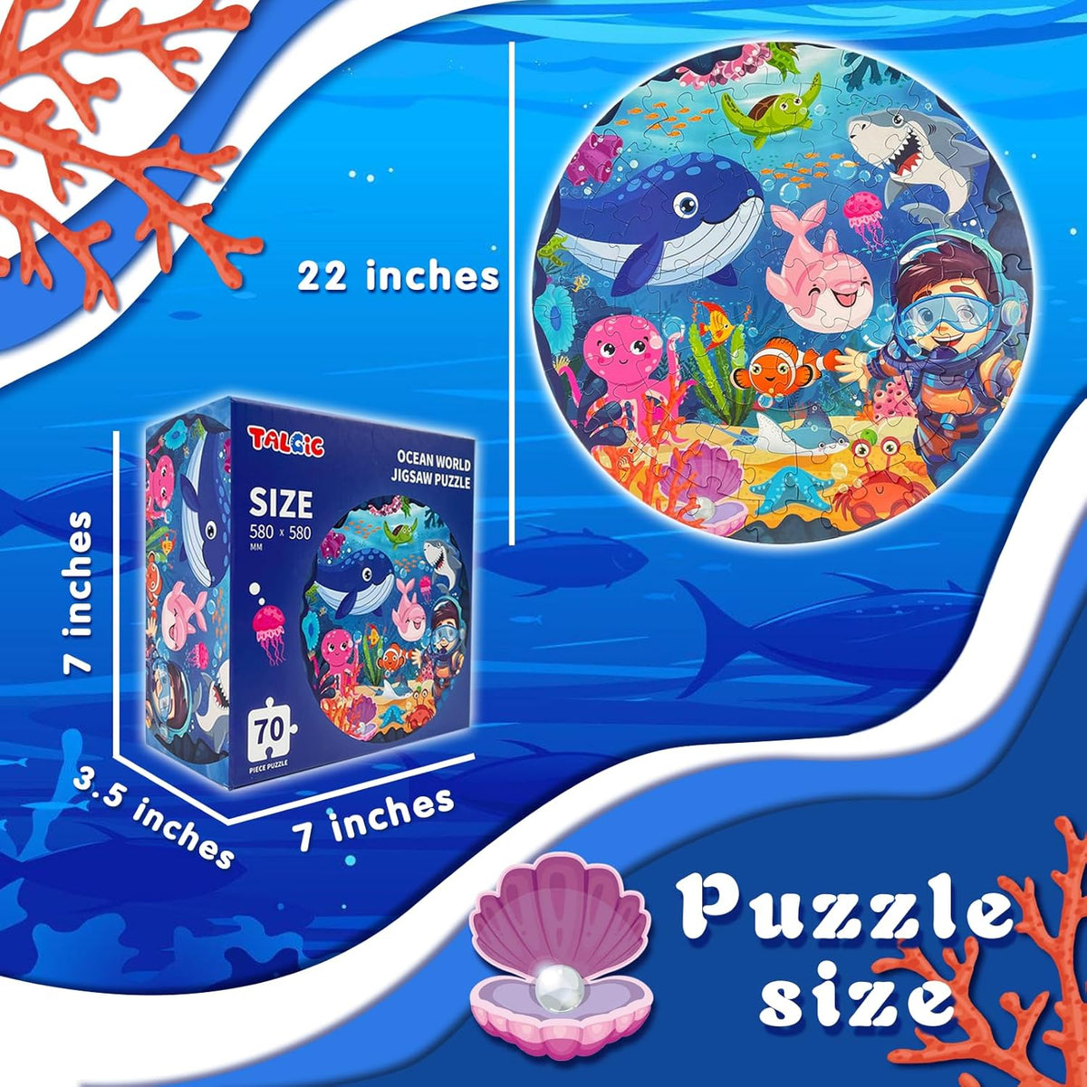 Puzzles for Kids Ages 4-6, Large 70 Piece Round Ocean Floor Puzzles, Kids Puzzles 4-6 with Colorful Underwater World, Educational Learning Toys for 3, 4, 5, 6, 7, 8