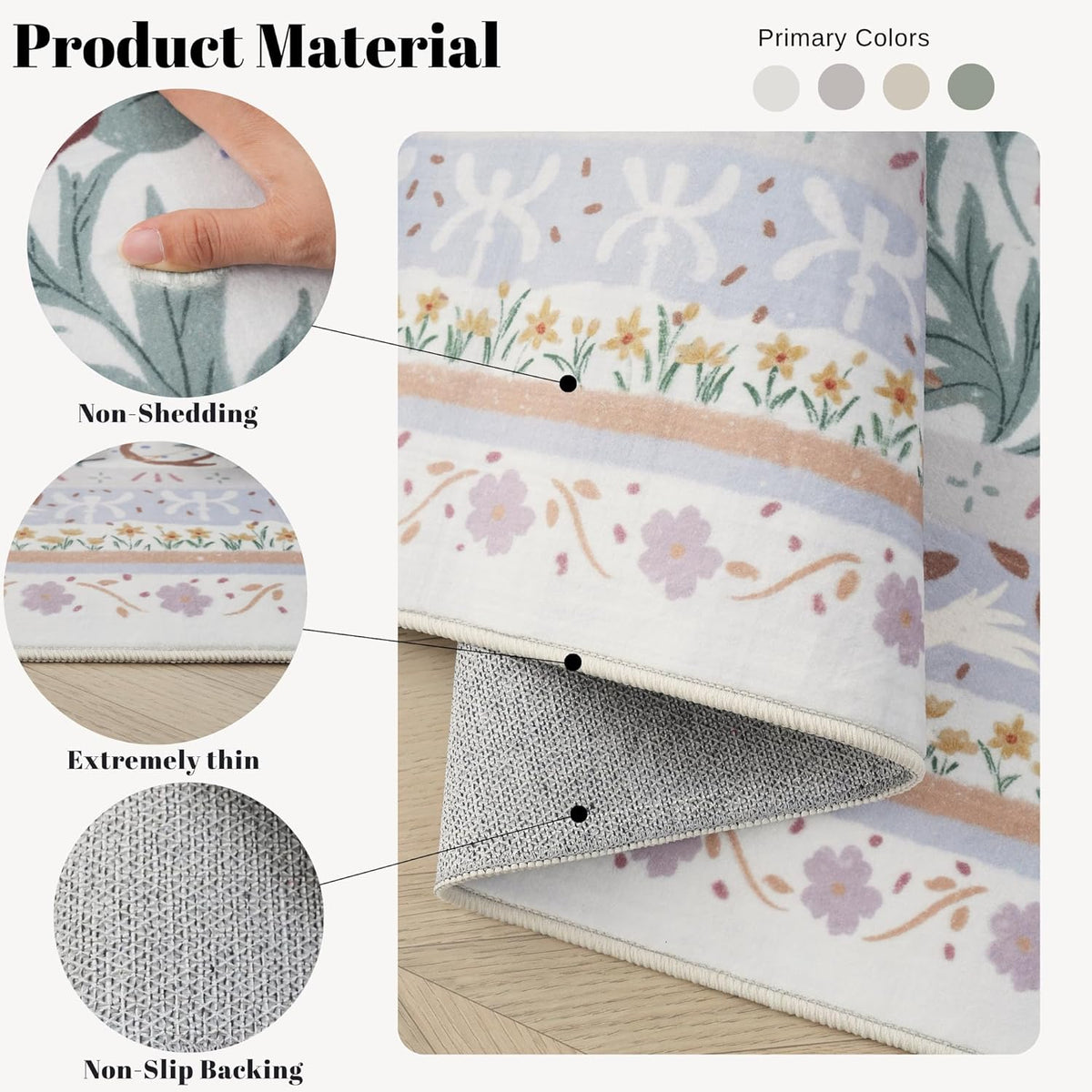 Bedroom Rug 3x5 Rug Washable Area Rug Non Slip Low Pile Vintage Floral Botanical Small Carpet for Bedroom, Bedside, Kitchen, Entryway, Kids Room, Office, Beige