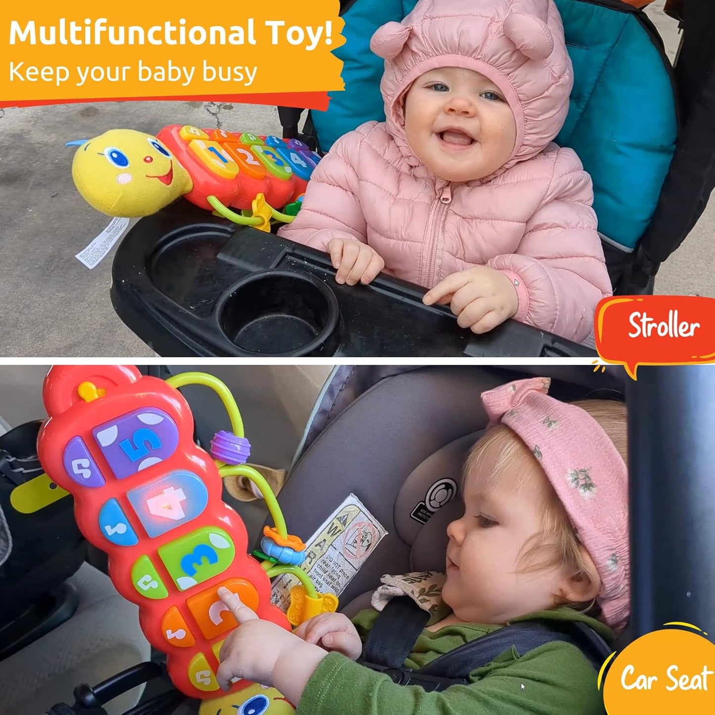 KiddoLab Lira Baby Musical Toy with Lights & Music – Interactive Caterpillar Spinner & Stacking Rings for Infants 3+ Months – Soft Stuffed Animal Head for Sensory Play