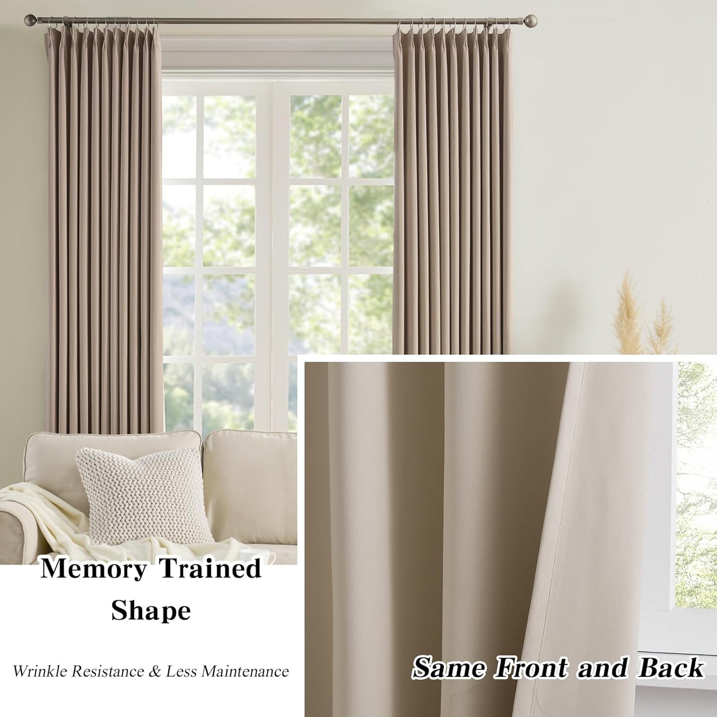 KEQIAOSUOCAI 100 Inch Curtain Panels Pinch Pleated Light Blocking Solid Custom Made Pleated Curtains Hooks Track Privacy Memory Shape Drape for Living Room,Khaki,40x100, Set of 2