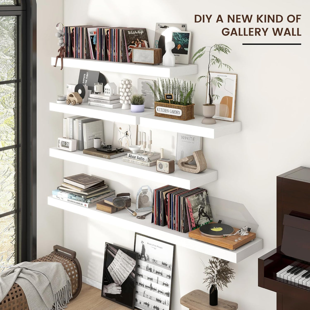 Floating Shelves for Wall, Large Wall Mounted Shelves with Invisible Brackets, Long Wood Floating Shelf for Living Room, Bedroom, Kitchen, (White, 55" W x 9" D x 1.5" H)