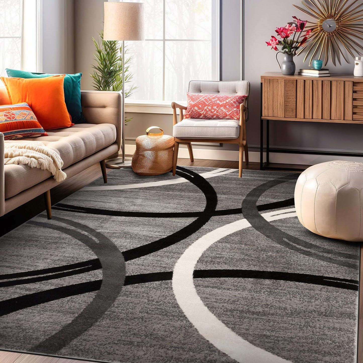 Rugshop Modern Wavy Circles Design Area Rug 8'8" x 12' Gray