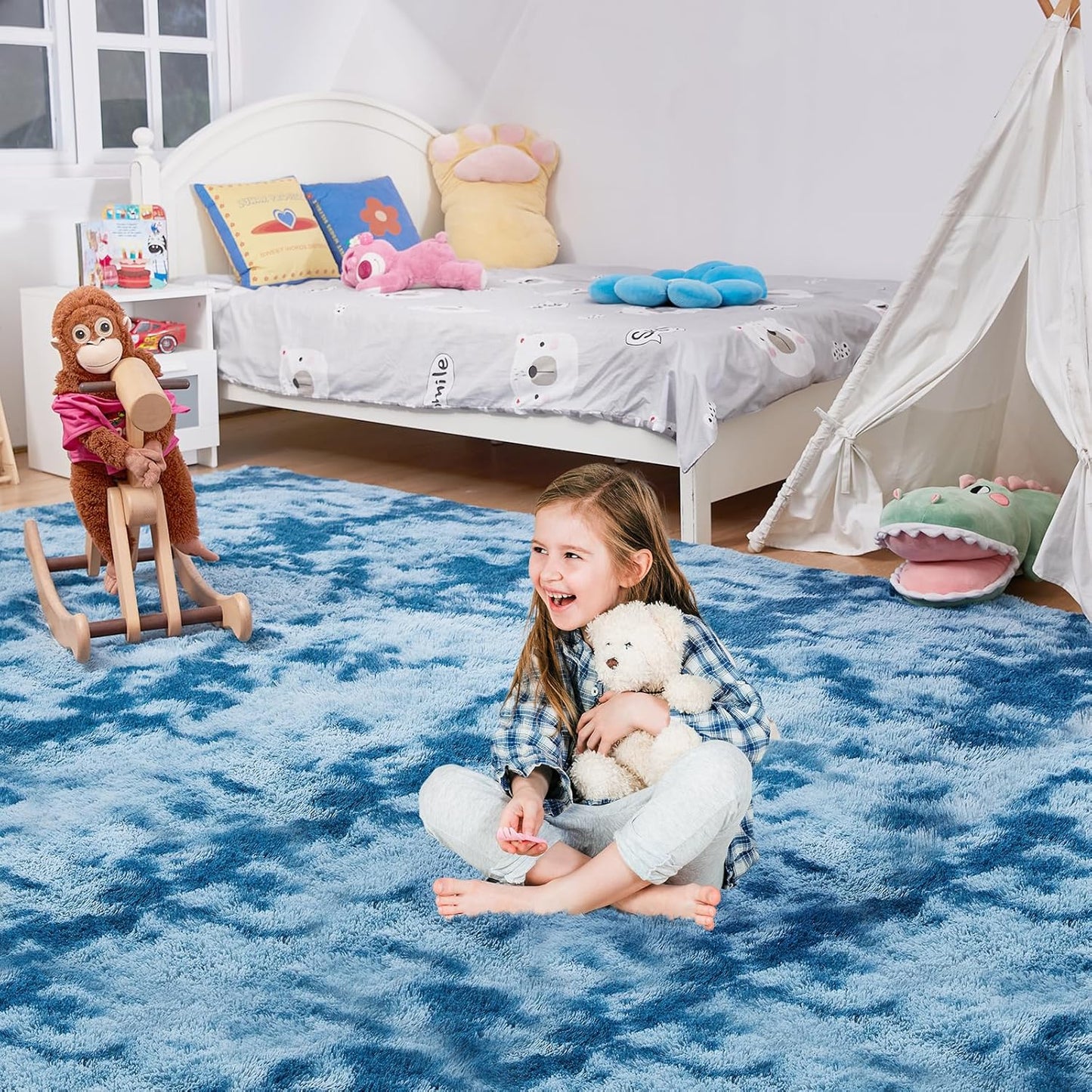 Ultra Soft Rug for Living Room, 9X12 Fluffy Shag Area Rug for Bedroom, Modern Shaggy Carpets Fuzzy Rug for Teens Dorm Nursery Home Decor Aesthetic, Upgrade Anti-Skid Durable, Tie-Dyed Blue Grey