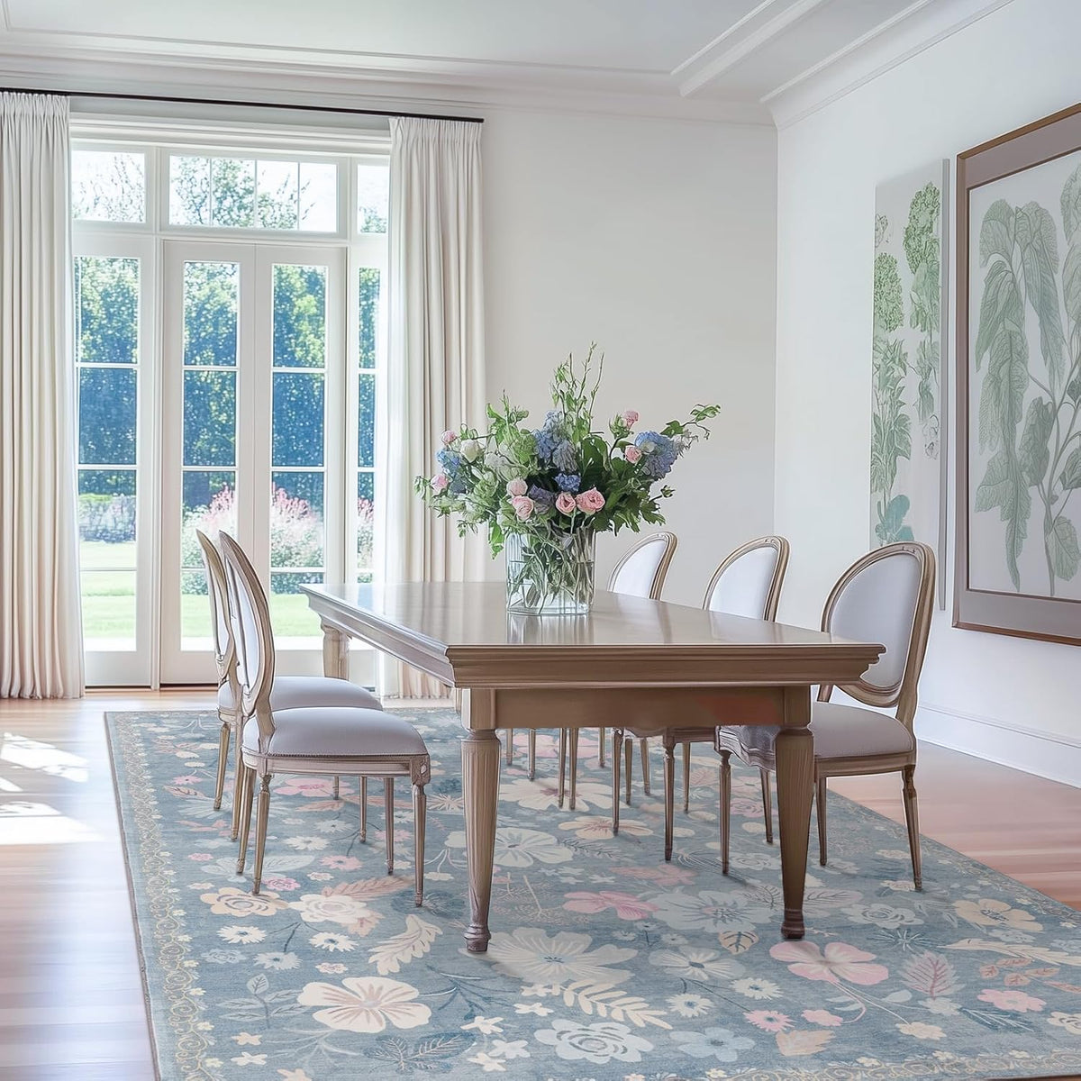 Blue 6x9 Area Rugs Machine Washable Low Pile Non Slip Stain Resistant for Living Room Big Boho Vintage Flower Pattern Carpet Rug Ultra-Thin for Bedroom Dining Room Kids Playroom