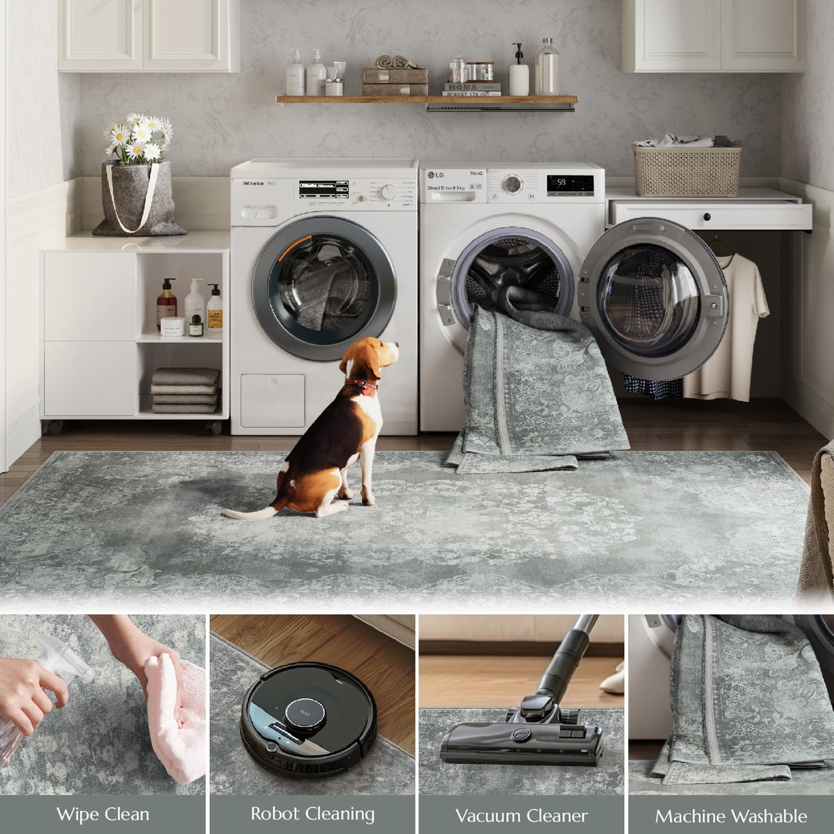 jinchan Floral 2x3 Rug for Entryway - Vintage Washable Area Rug Ultra-Thin Low Pile Soft Small Non-Slip Distressed Indoor Doormat Accent for Entrance Kitchen Bedroom Bathroom (2x3ft,Grey)