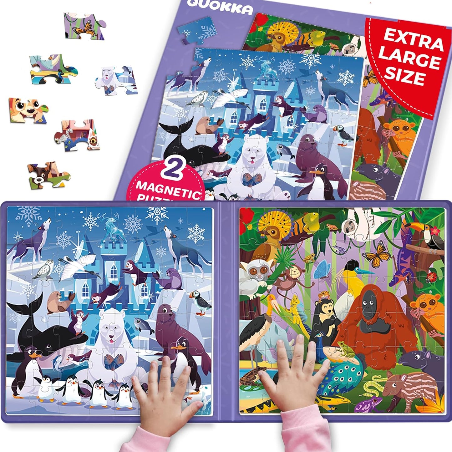 QUOKKA Magnetic Toddler Puzzles Ages 4-6 - 2x48 Travel Puzzles Games for Kids 3-5 Years Old - Activities Car Toy for Boys and Girls 2-4 yo - Polar & Jungle Animals Learning Magnet for Road Trip
