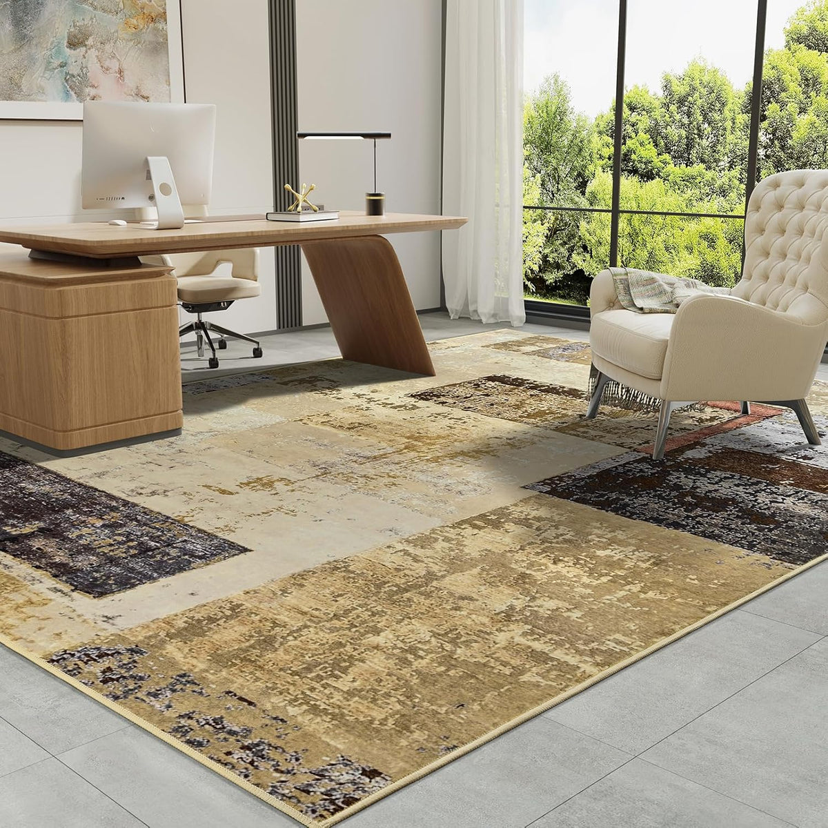 LOCHAS Rug for Living Room, Washable Soft Area Rugs for Bedroom 6x9, Abstract Carpet for Indoor Office Kids Dining Room Nursery Floor, Khaki Geometric Vintage Home Decor, Non Slip, Pet Child Friendly