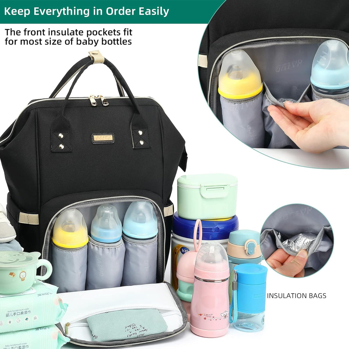 Diaper Bag Backpack, Diaper Bags for Baby Girls Boys, Baby Bags for Moms Dads, Nappy Changing Bag with Insulated Pockets,Multi-functional Waterproof Backpack with Stroller straps-Black