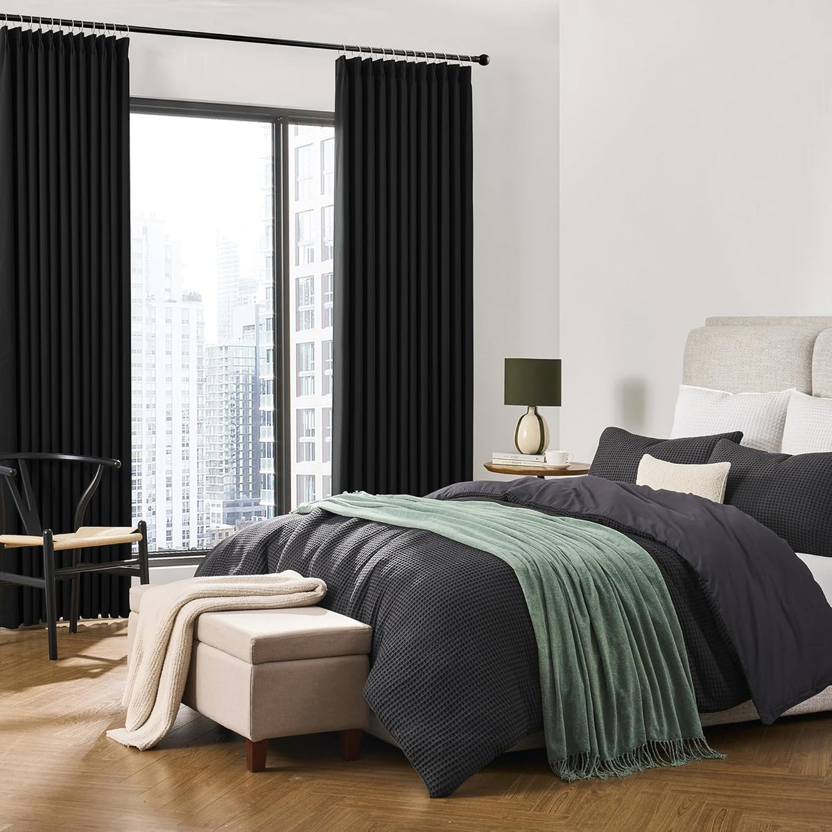 KEQIAOSUOCAI 80 Inch Wide Black Pinch Pleated Curtains 80 x 96, Thermal Insulated Noise Cancelling Living Room Office Drapes 96 Inches Long, Patio Sliding Glass Door Window Curtain 2 Panels