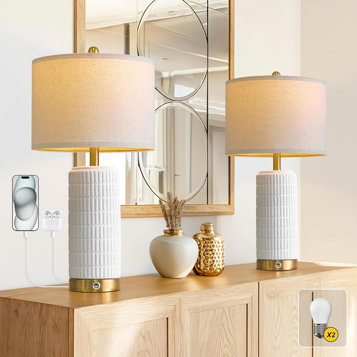 PoKat Touch Bedside Table Lamps with USB Ports for Bedroom, 25'' Dimmable Nightstand Touch Lamps for Night Stands, White Ceramic Lamps with Gold Base for Living Room End Side Table, Frosted White
