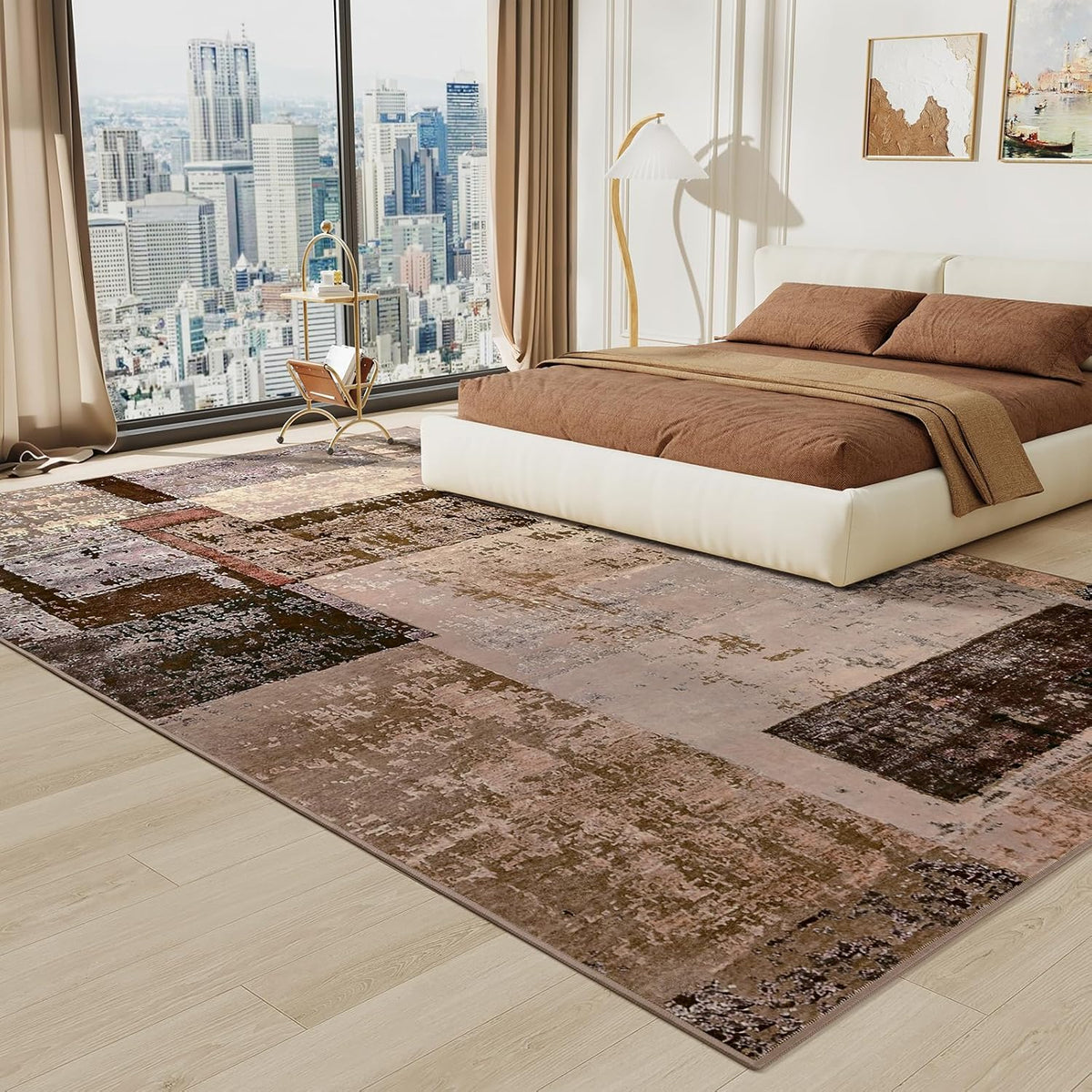 LOCHAS Rug for Living Room, Washable Soft Area Rugs for Bedroom 8x10, Abstract Carpet for Indoor Office Kids Dining Room Nursery Floor, Brown Geometric Vintage Home Decor, Non Slip, Pet Child Friendly