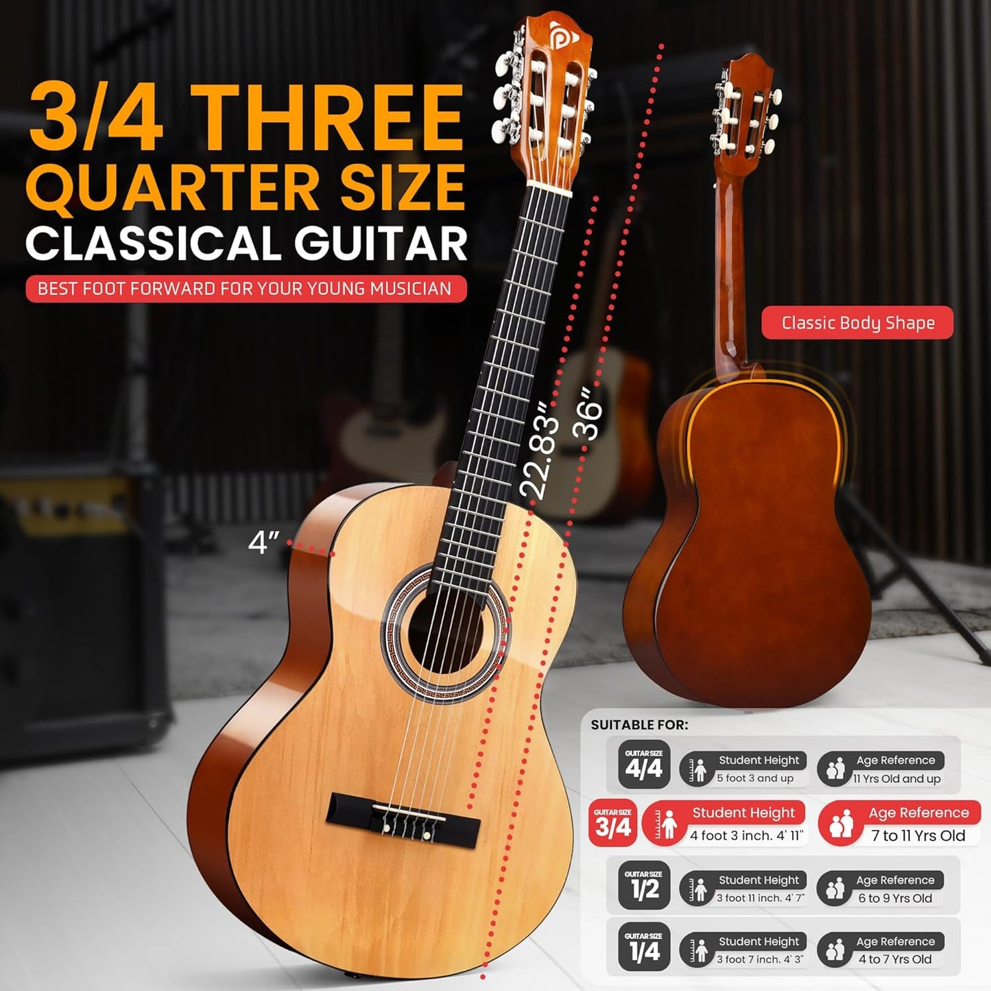 Pyle Beginner Acoustic Guitar Kit, 3/4 Junior Size All Wood Build Nylon String Instrument with Capo, Strap, Extra String Set, Gig Bag, Guitars for Beginners Adults Youth, 36" Natural Gloss