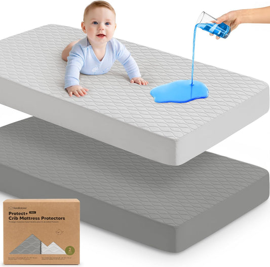 Waterproof Crib Mattress Protector Cover Fitted - 2-Pack Quiet Baby Crib Mattress Pad Sheets, 52" x 28" Soft Quilted Cotton Baby Sheet, Machine Washable, Easy Fit, Durable (Granite/Mavy)