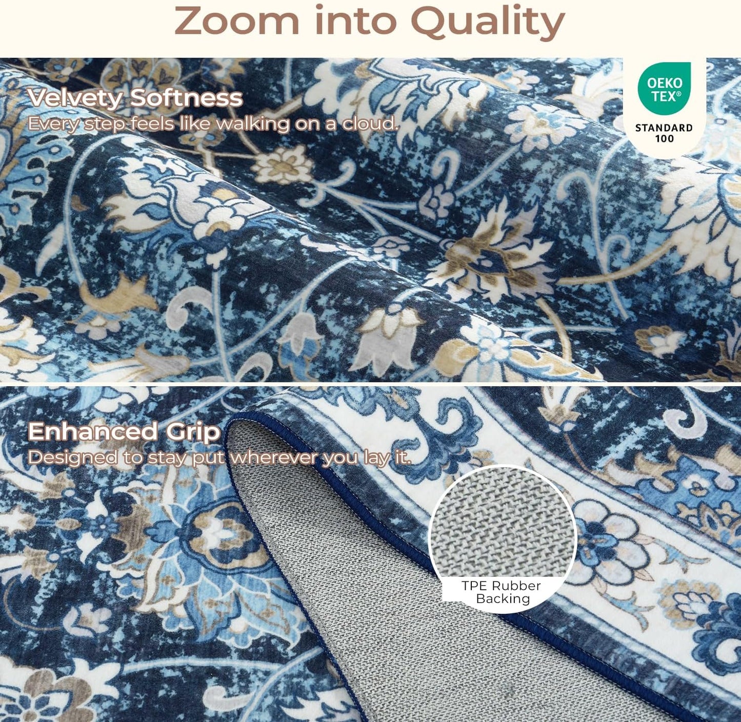 6x9 Area Rug for Living Room & Bedroom, Washable Non-Slip Vintage Rugs, Floral Soft Carpet, Low Pile Wool Carpets for Indoor Dining Home Office Playroom Under Table, Modern Decor, Blue Garden