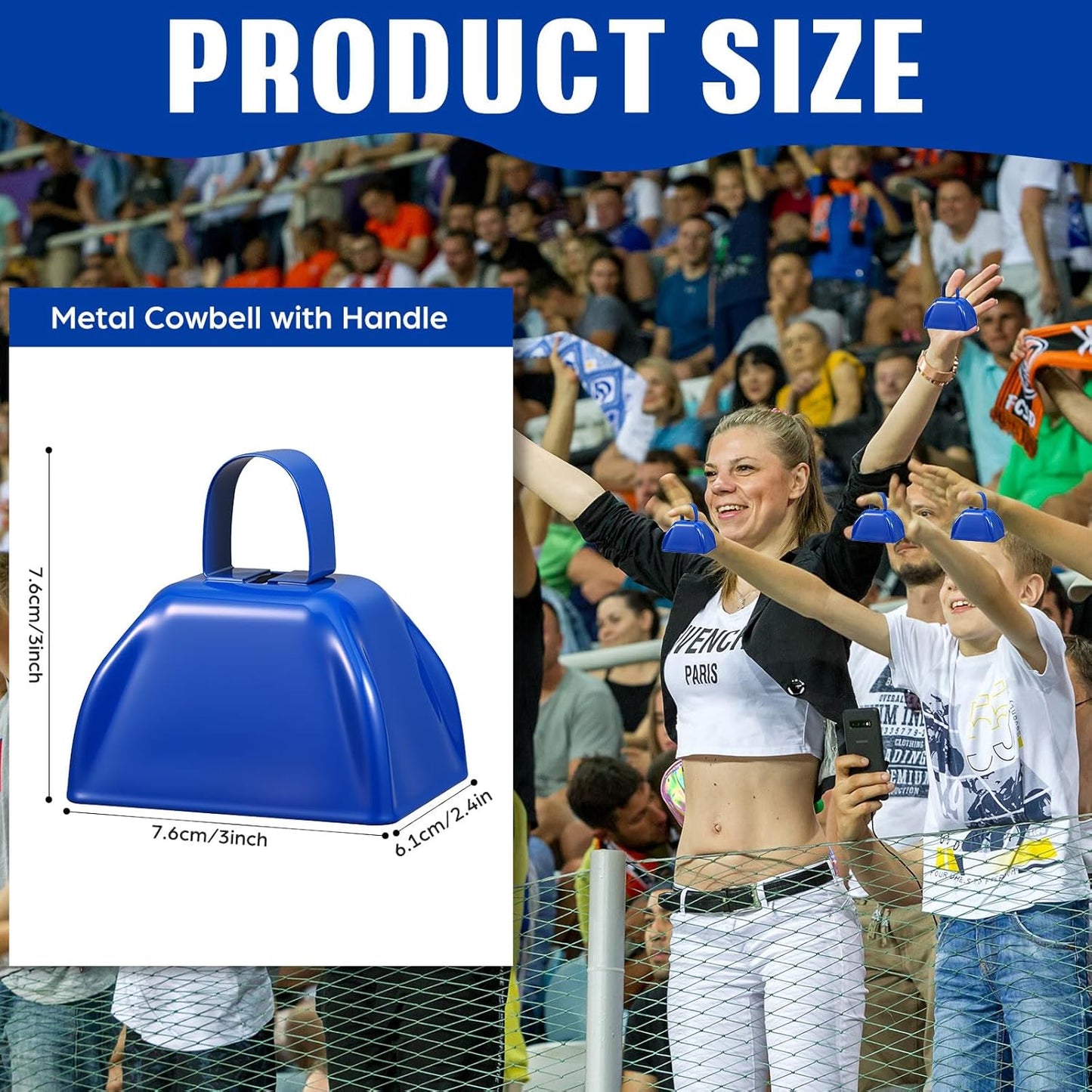 6 Pcs 3 Inch Metal Cowbells Noise Maker Hand Percussion Cow Bells with Handles for Sporting Events Cheering Noisemakers Weddings Team Spirit Sports Party Favors (Blue)