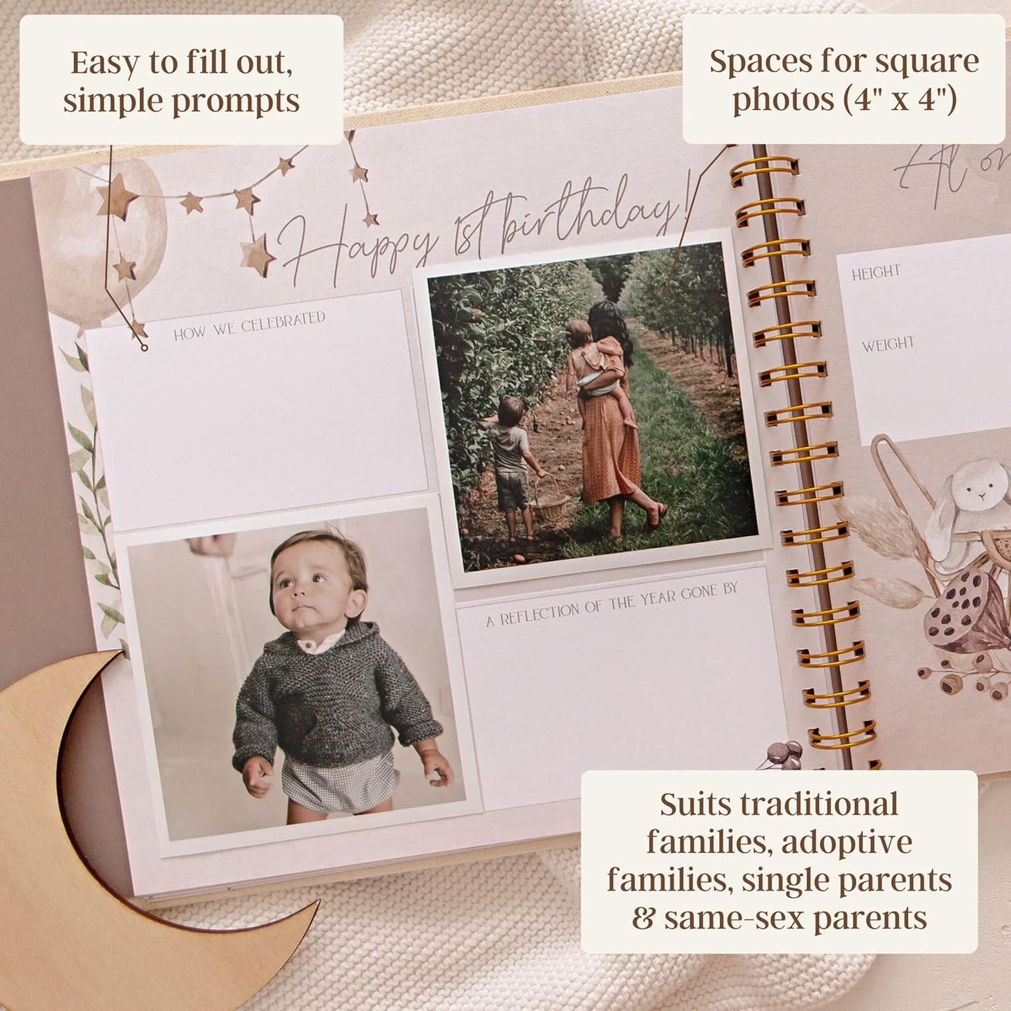 Peachly Unisex Baby Memory Book, Minimalist Baby First Year Keepsake for Milestones, Simple Baby Scrapbook for Boy Girl Milestones, Natural Linen (Haven)