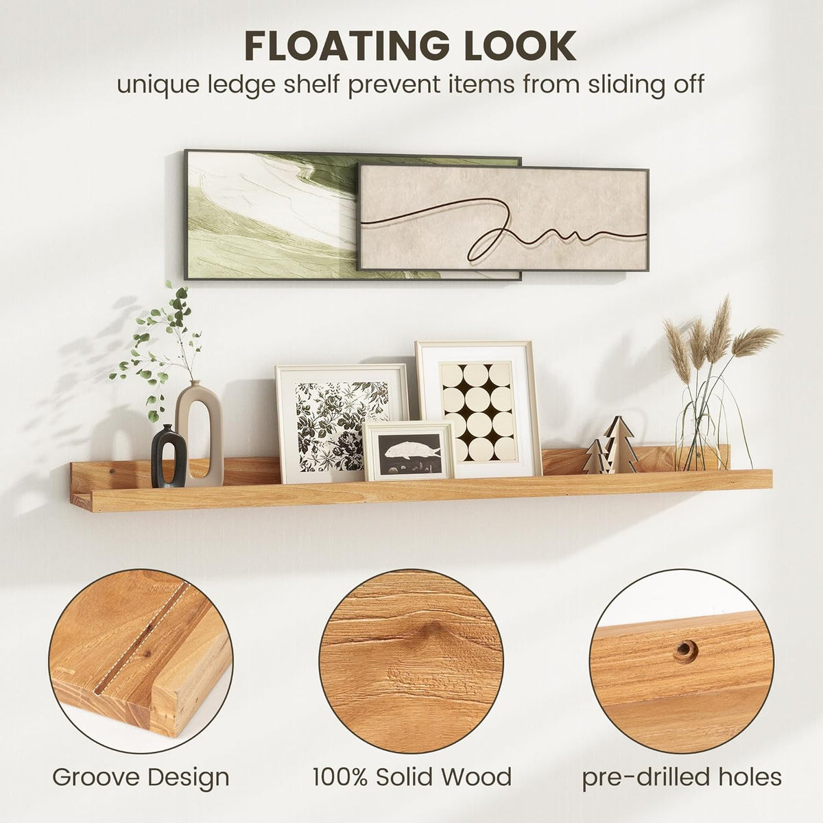 Picture Ledge Shelf, 48 Inch Long Floating Shelves for Wall, Nursery Bookshelf for Storage with Lip, Rustic Elm Wood Photo Ledge Shelves for Bedroom, Living Room, Kitchen (Natural, 48in Set of 2)