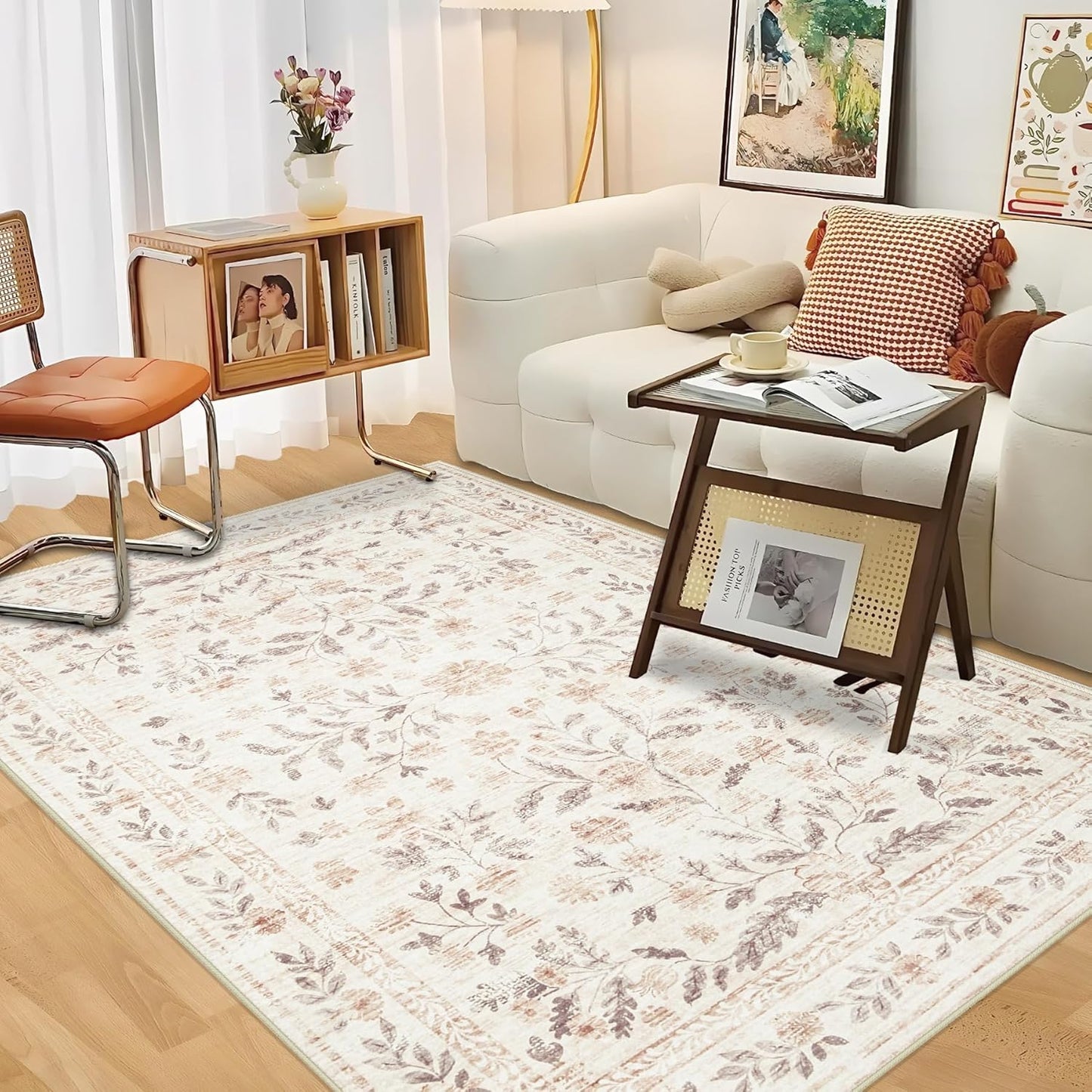 Bedroom Rugs 3x5 Area Rug, Washable Floral Boho Area Rug Non Slip Soft Low Pile Small Carpet for Bedroom Girls, Bedside, Kitchen, Entryway, Kids Room, Office, College Dorm(3'x5', Floral Beige)
