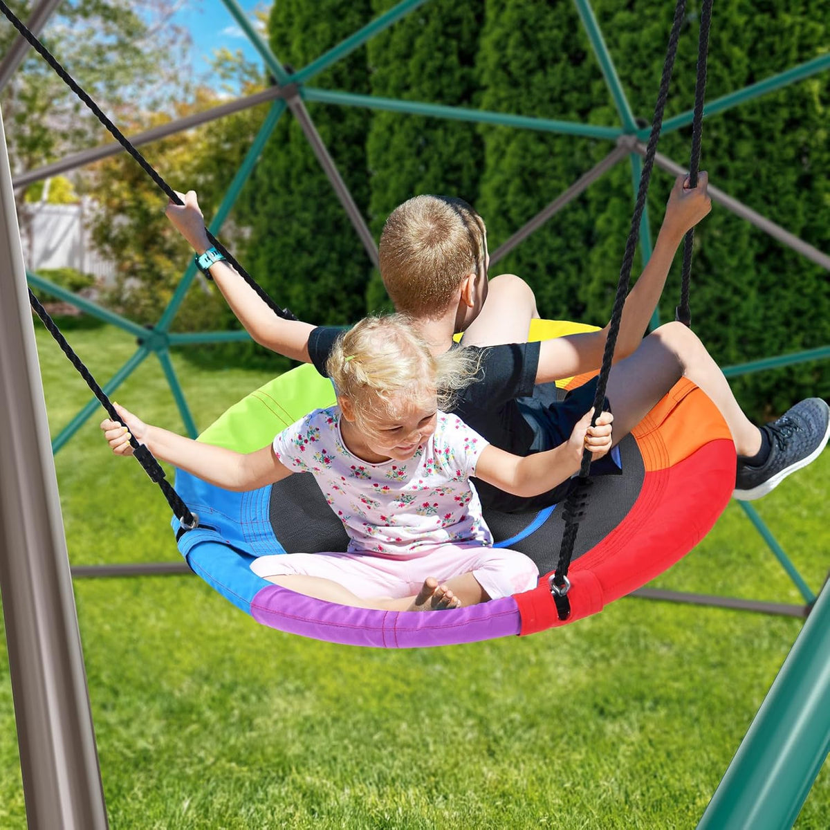 Hapfan 10 ft Climbing Dome Swing Set with Saucer Swing, Jungle Gym for Kids Outdoor Backyard, Supports 800lbs, Easy Asssembly, Rust-Resistant Outdoor Playset for Ages 3-8 8-12 (Green and Brown)
