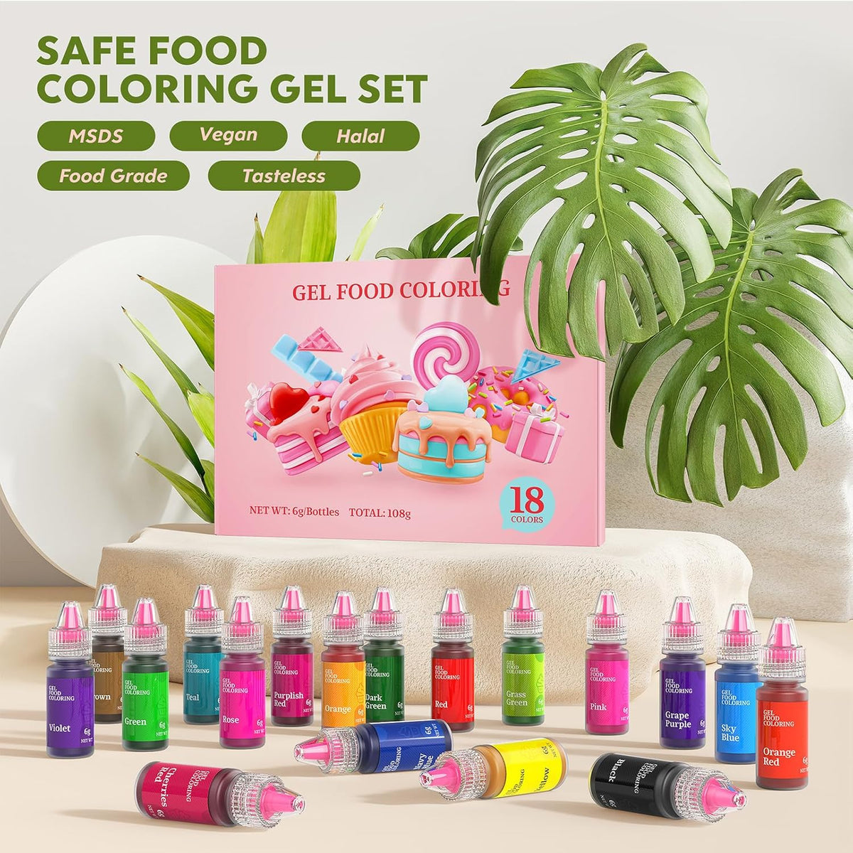 Gel Food Coloring,18 Baking Coloring Gel Set for Cake,Cookie Easter Egg Decorating,Cherrysea Edible Vibrant Food Dye for Baking Icing,Fondant,Macaron,Frosting,Gluten Free,Vegan Tasteless - 6g/Bottle