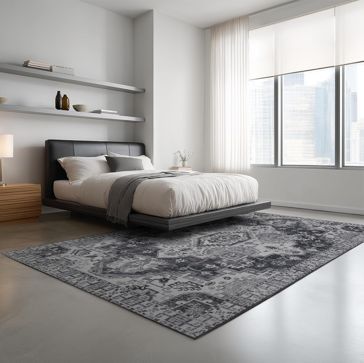 9x12 Area Rug Living Room Rugs, Stain Resistant Washable Rug, Vintage Large Non-Slip Backing, Low Pile Lightweight Print Rug for Bedroom Dinning Room Home Office (Medium Gray)