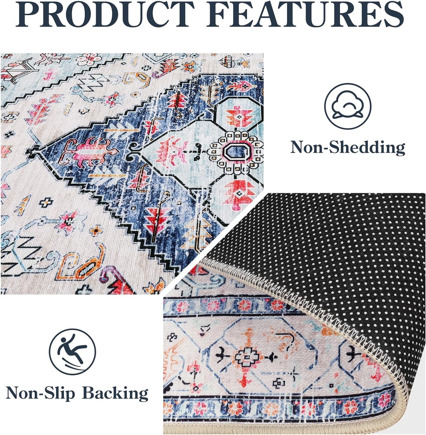 Lahome Boho Round Rug - 9Ft Washable Area Rug, Non-Slip Small Bathroom Rug, Lightweight Bedroom Throw, Oriental Distressed Print Carpet for Entryway, Sofa, Nursery, Kids Room