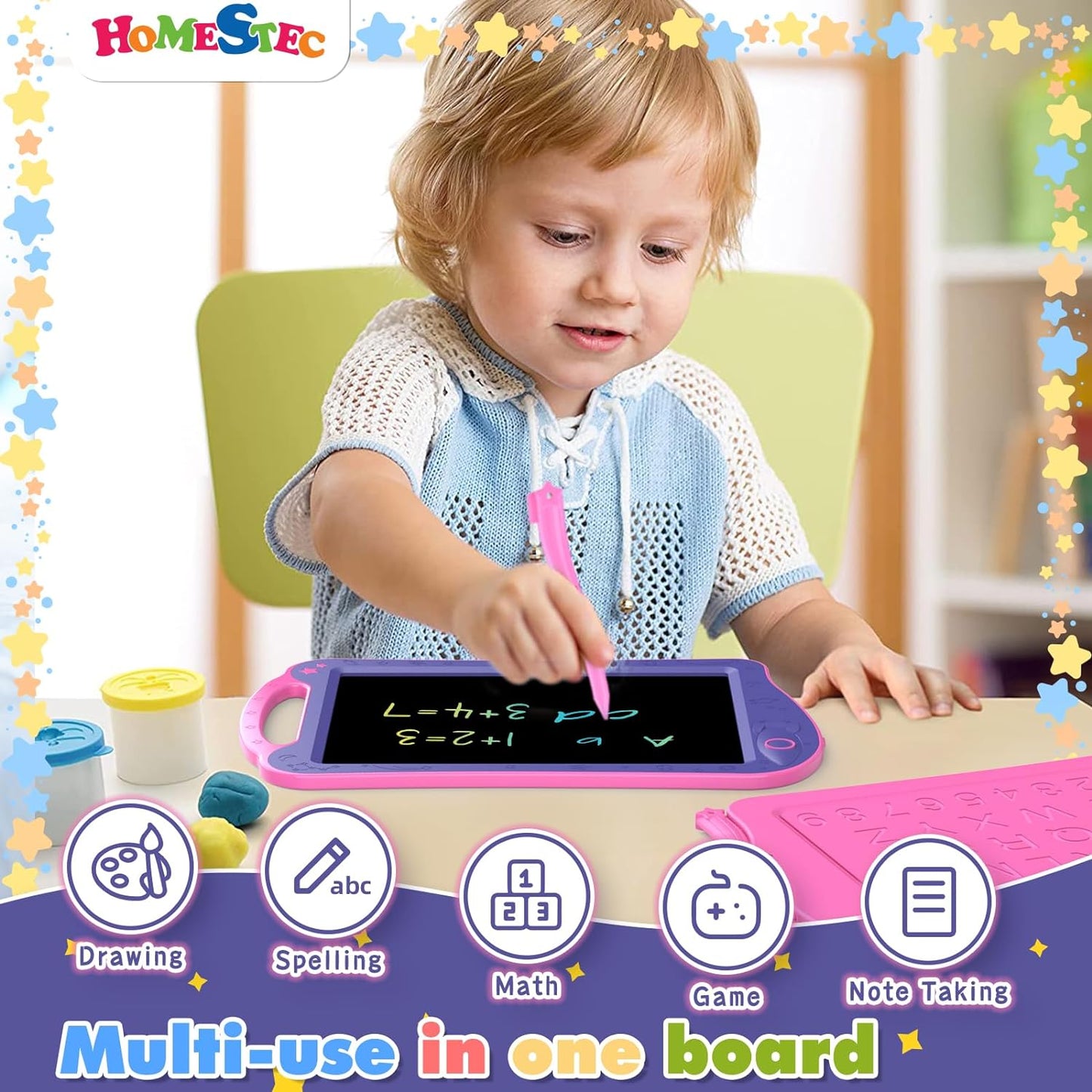 Astrodraw Drawing Pad Toys, Colorful LCD Writing Tablet for Kids, Doodle Board for Toddlers 3 4 5 6 Years Old, Travel Sensory Space Toy for Boys Girls, Birthday Gift Idea (Purple/Pink)