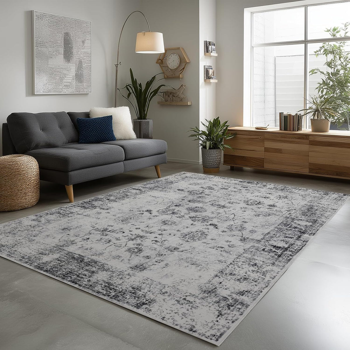 Washable Rugs 5x7 Area Rugs for Living Room, Thin Carpet for Bedroom, Soft Faux Wool Retro Dining Room Rug，Non Slip&Non-Shedding Resistant Low Pile Vintage Print Rug for Home Office (White/Grey)