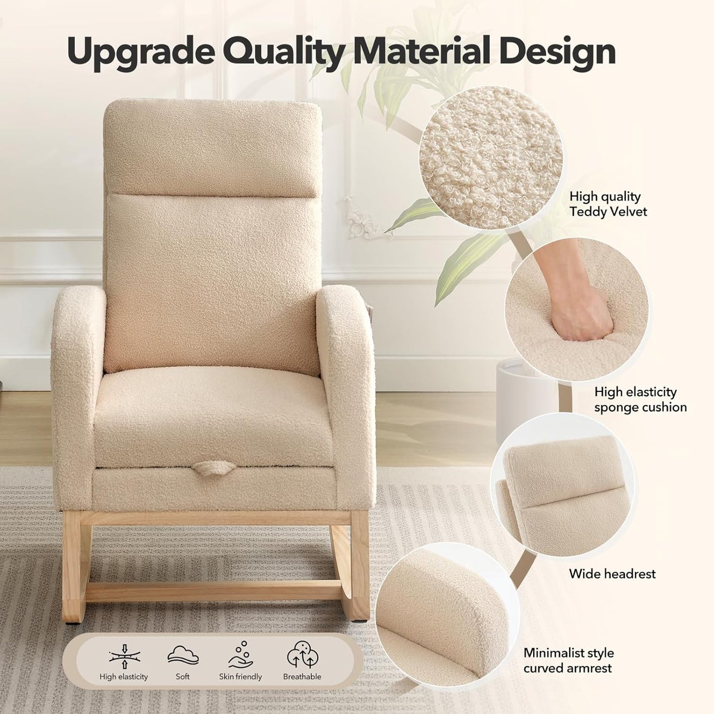 Rocking Chair Nursery, Nursing Rocking Chairs with Foot Rest for Mom Nursery, Rocker Glider Chair with High Backrest for Living Room, Bedroom, Upholstered Lounge Chair with Solid Wood Base for Relaxin
