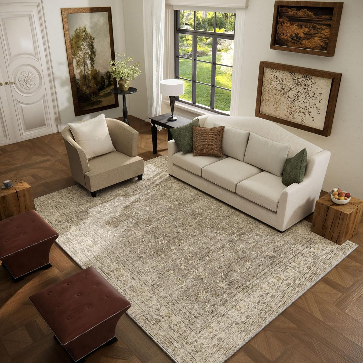 Machine Washable Rugs for Living Room: 5x7 Area Rugs for Bedroom Vintage Stain Resistant Non Slip Low Pile Lightweight Boho Carpet for Kitchen Dining Room Farmhouse Kids Room Nursery