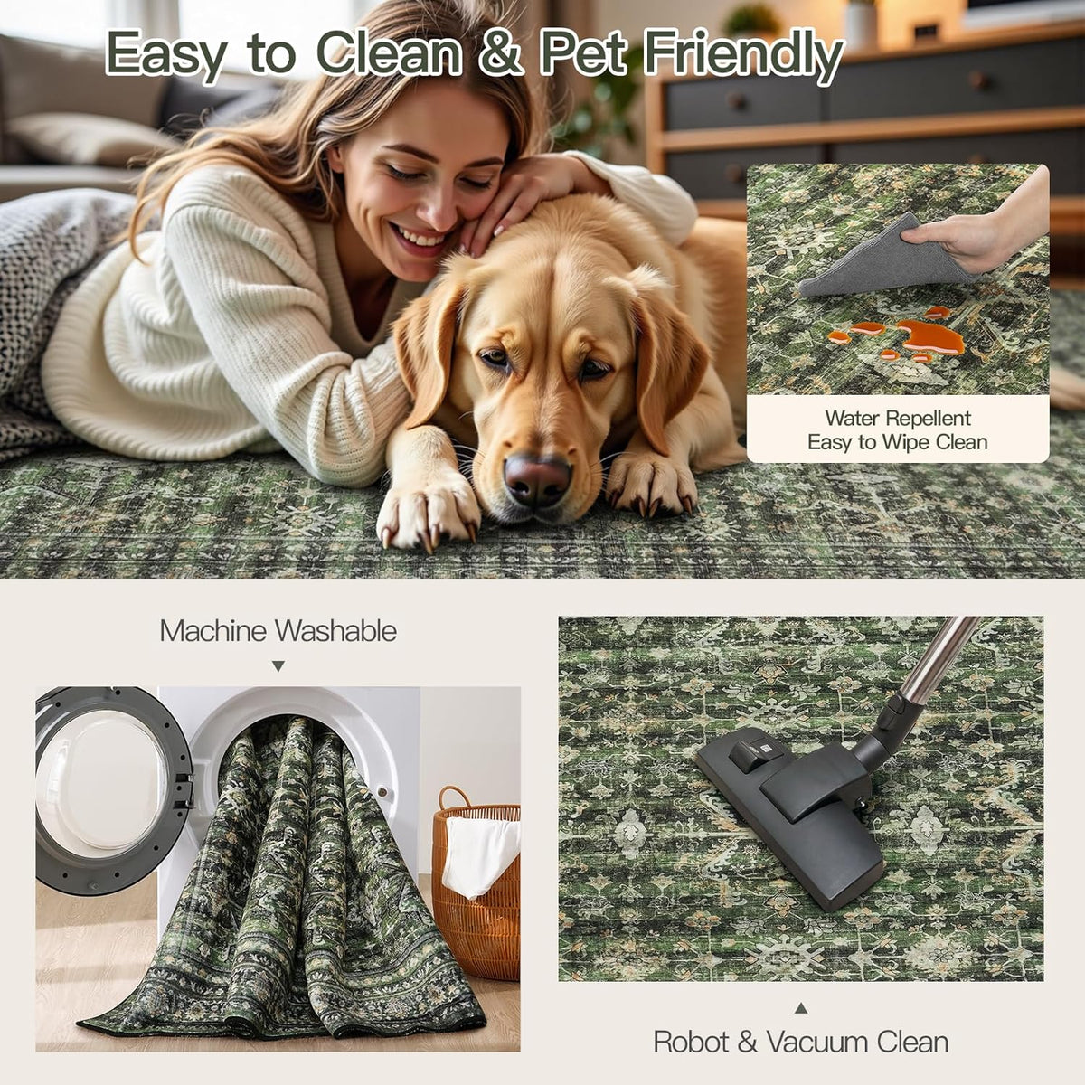 Lofus 9x12 Area Rug for Living Room,Green Washable Large Rugs with Non-Slip Backing,Soft Boho Carpets for Bedroom Dining Room Home Office Indoor Nursery