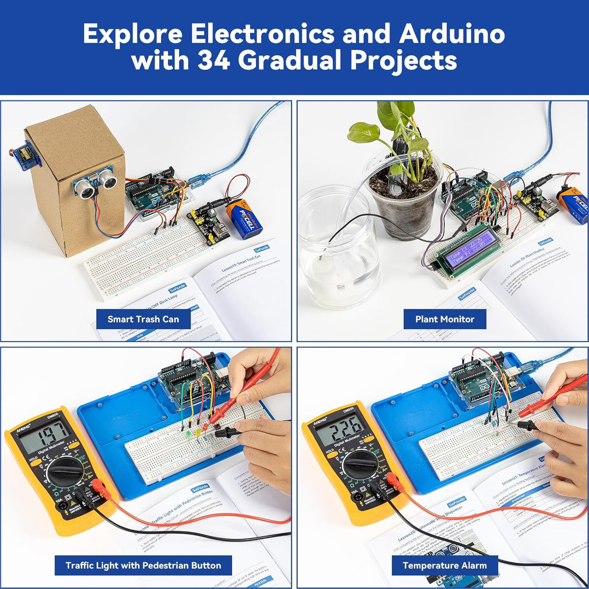 SunFounder Inventor Lab Starter Kit with Original Arduino Uno R3 REV3 Board Multimeter Basic to Advance 34 Projects RAB Breadboard Holder HCSR-04 Sensor 1602 LCD Servo Motor
