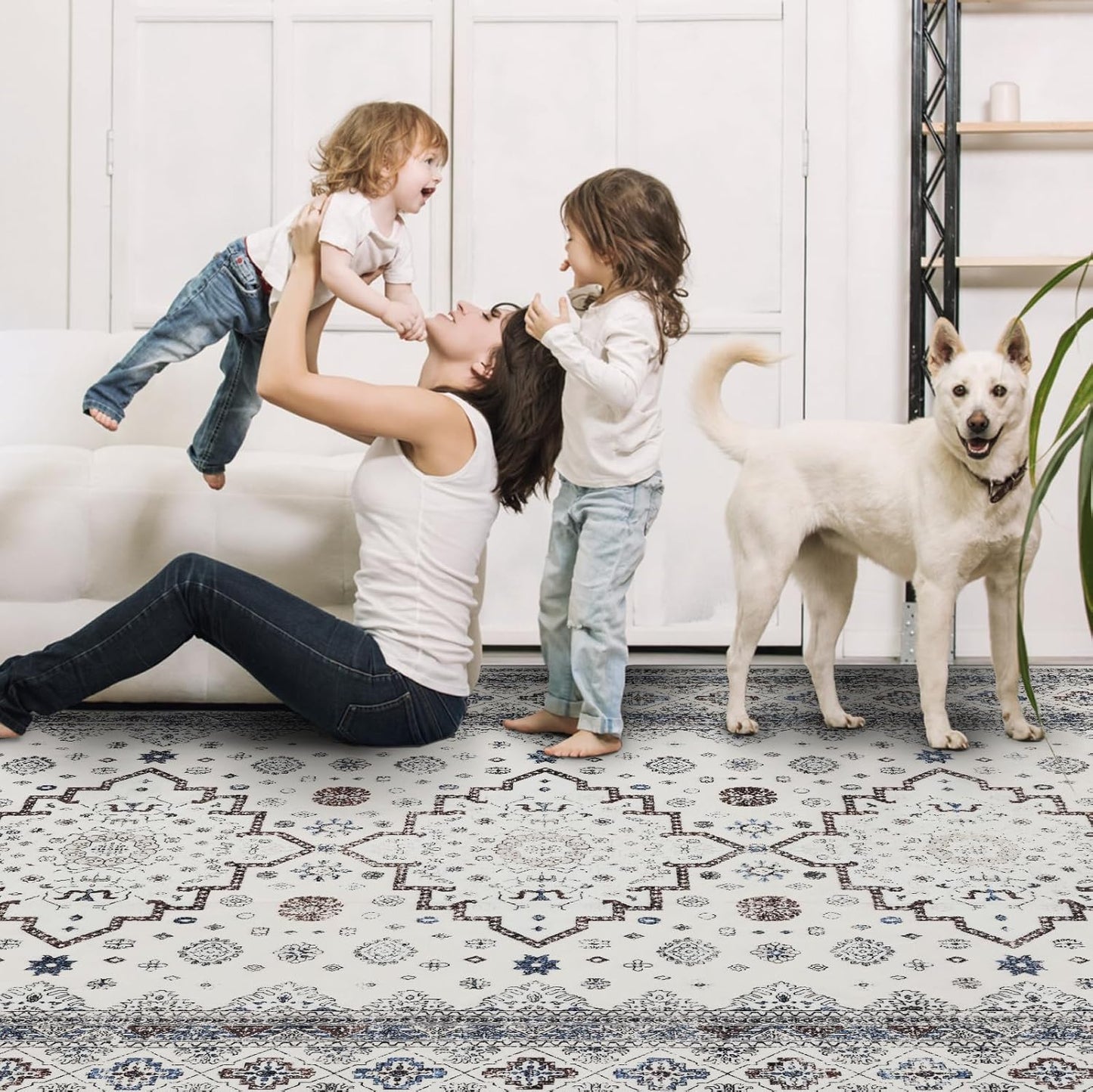 Washable Area Rugs 8x10, Large Rugs for Living Room, Carpet for Bedroom, Soft Faux Wool Retro Dining Room Rug, Non-Slip Backing Resistant Low Pile Vintage Print Rug for Home Office (White Cream/Gray)