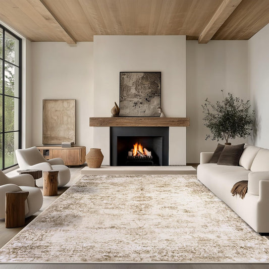 5x7 Area Rug Living Room Rugs - Washable Rug Large Modern Abstract Soft Thin Carpets Indoor Floor No Slip Vintage Carpet for Bedroom Under Dining Table Nursery Home Office Decor Beige