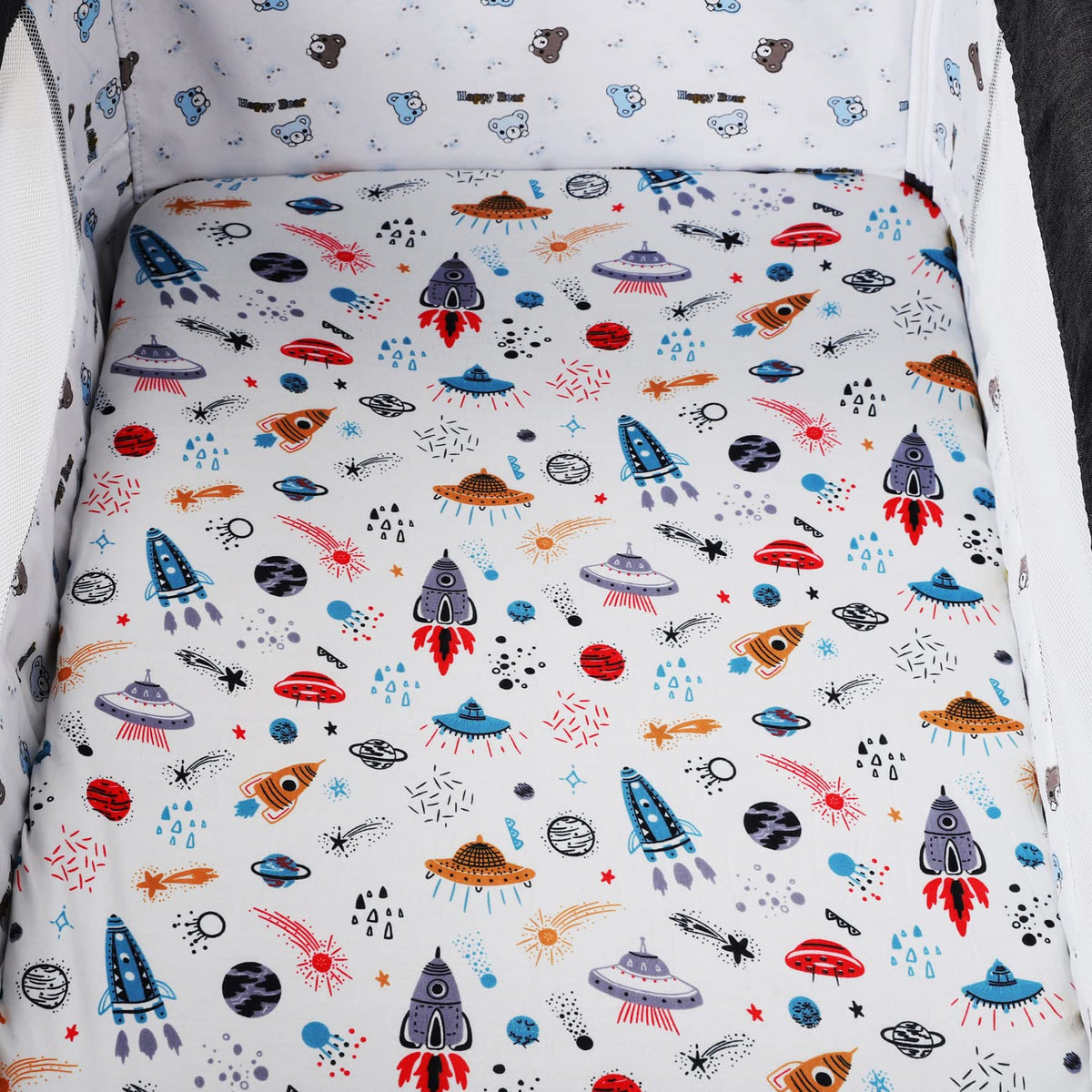 Pack n Play Sheet Stretchy Fitted Portable Mini Crib Sheets Set 3 Pack,Playard Sheets Convertible Playard Mattress Cover,Ultra Soft Jersey Material,Rocket Satellite,Car & Bus