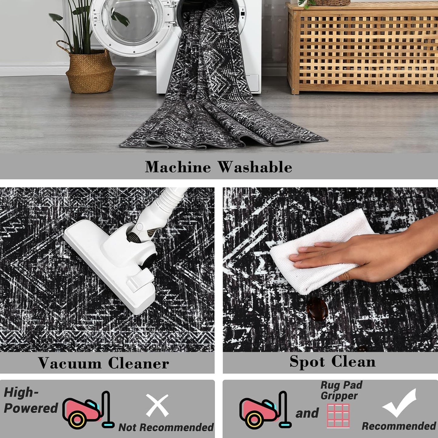COZYLOOM Area Rug for Bedroom 5x7 Machine Washable Rugs for Living Room Modern Abstract Floor Cover Non Slip Low Pile Geometric Mats Stain Resistant Soft Carpet for Dining Room, Black