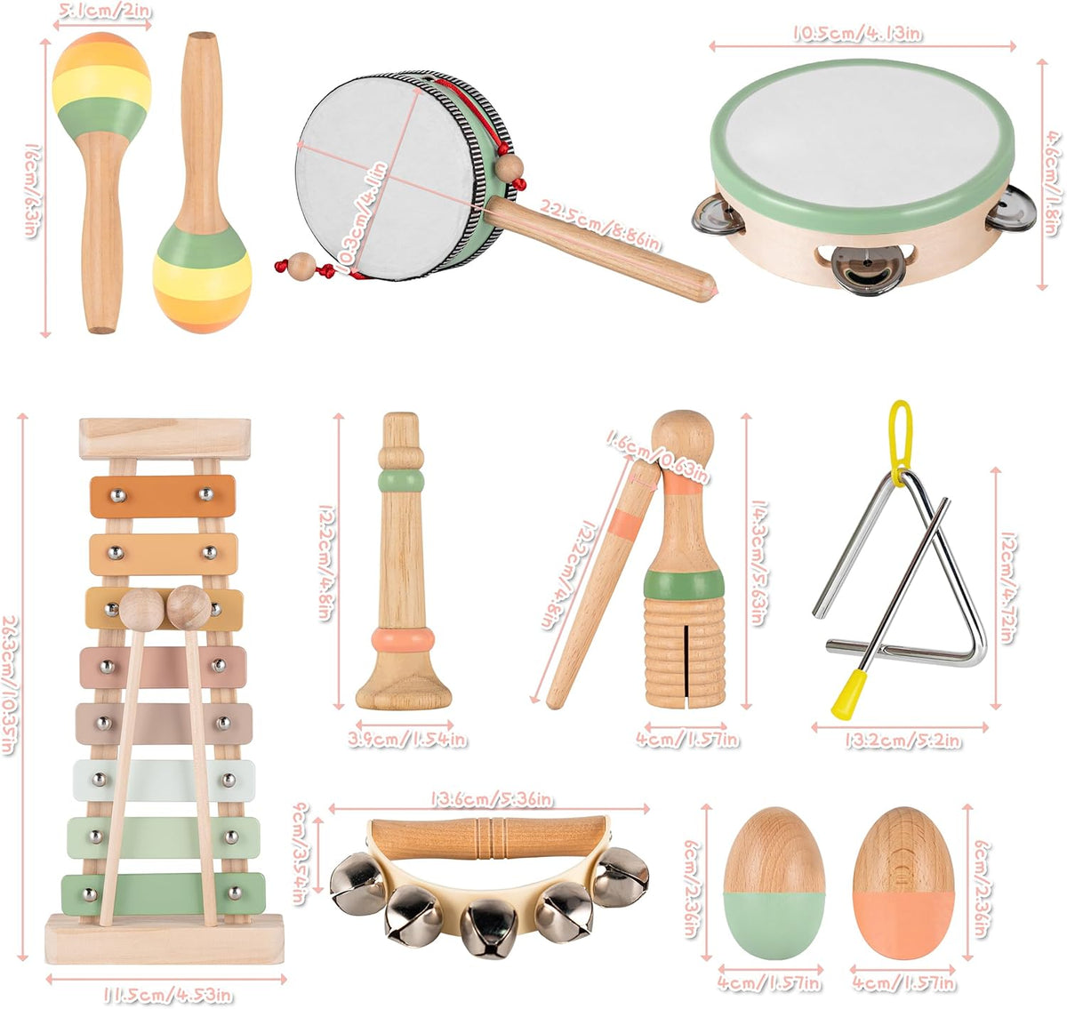 VINJOE Baby Musical Instruments-Toddler Montessori Wooden Musical Toys for Kids 1-3, Neutral Colors Percussion Instruments Set Early Learning Musical Toys for Preschool Educational Birthday Gifts