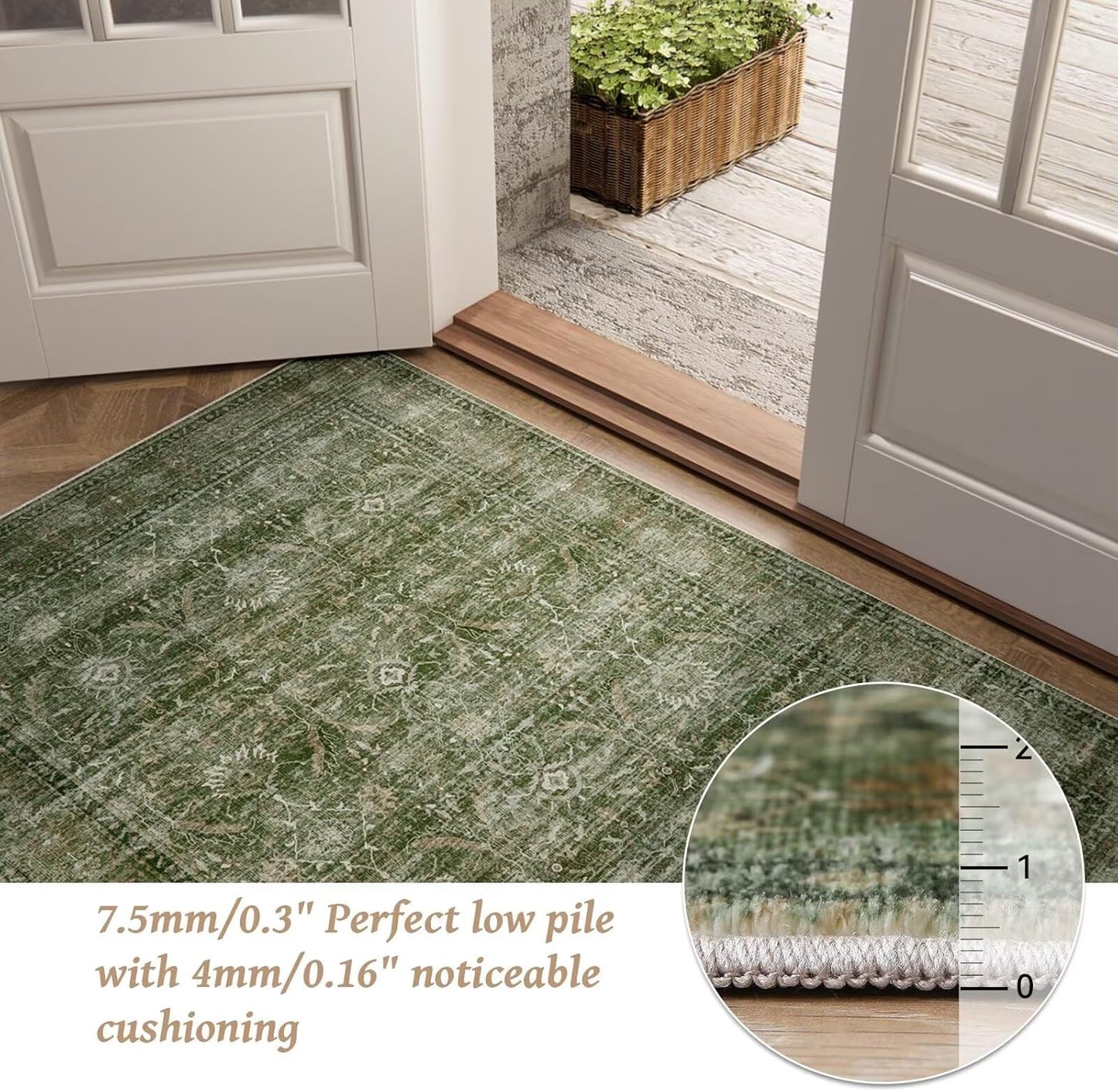 Washable 5x7 Area Rugs for Living Room, Boho Non-Slip Silicone Backing Rugs for Bedroom Dining Room Nursery Office, 0.3" Neutral Oriental Throw Carpet with 0.16" Cushioning Pad, Grass Green/Multi