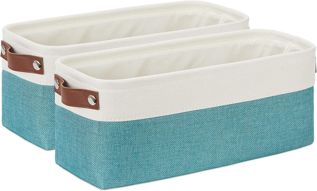DULLEMELO Small Bathroom Closet Storage Baskets Canvas Fabric Storage Bins for Toilet 2 Pack Collapsible Home Organizer With Handles (White&Teal)