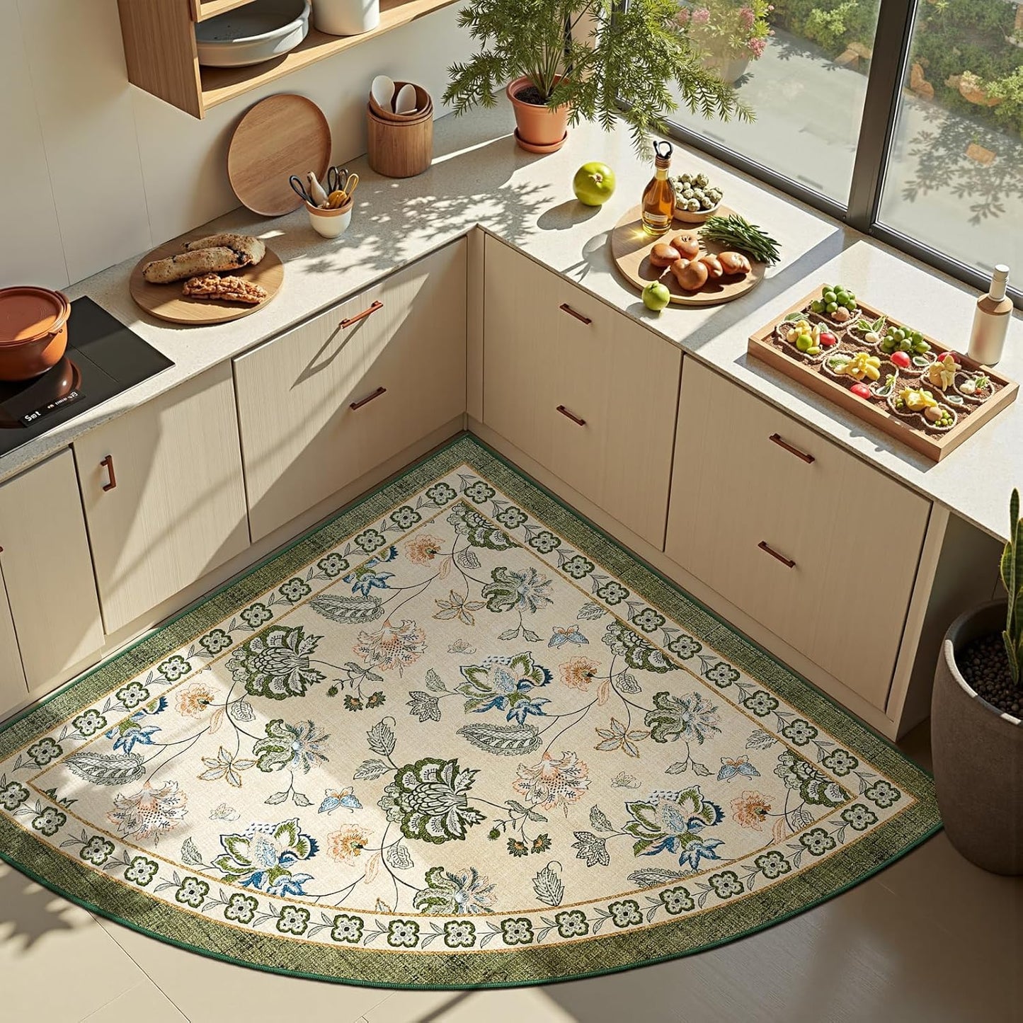 jinchan Floral Corner Rug for Kitchen Washable Nursery Rug Vintage Romance Design Non Slip Quarter Circle Lightweight Low-Pile Throw Carpet for Playroom Reading Nook Office, 5ft Radius, Green/Beige