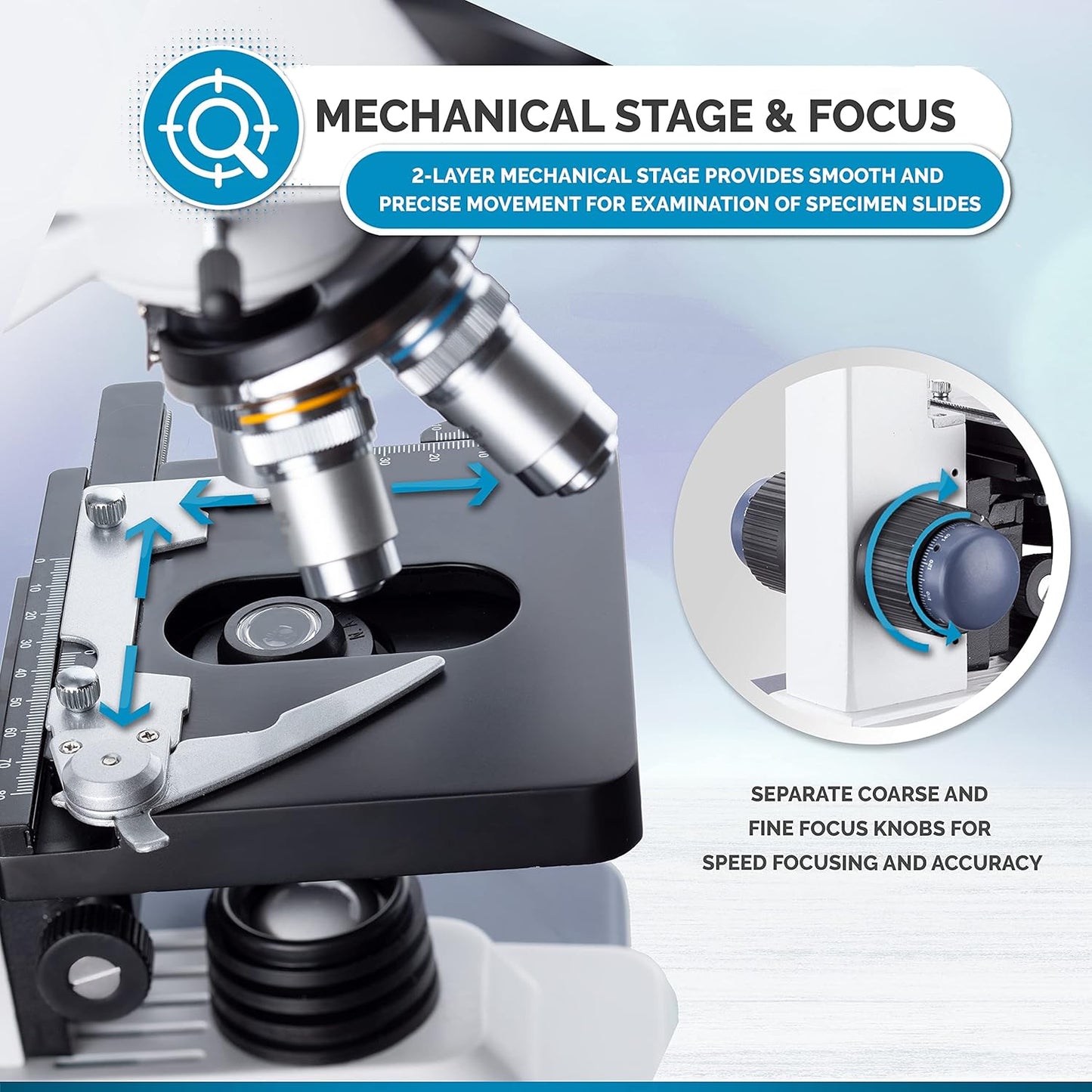 AmScope B120C-BK-BS 40X-2500X LED Lab Binocular Compound Microscope with Double Layer Mechanical Stage + Book + 100 Coverslips & 50 Blank Slides