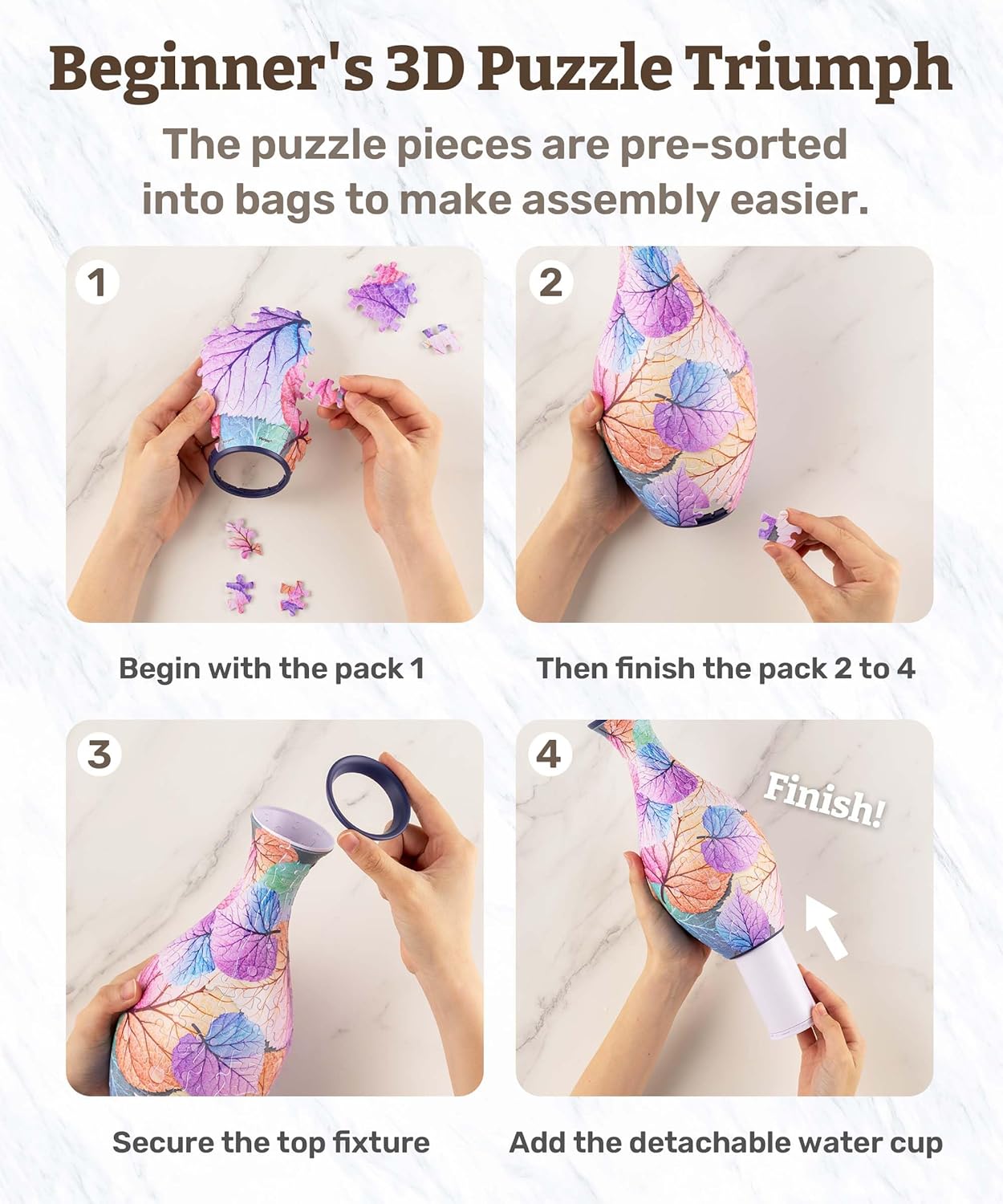 Pintoo 3D Puzzle Vase Unique Flower Vase Made by 160 Curved Plastic Puzzle Pieces House Warming Gift for Flower Arrangements and Home Decoration - [S1034] (Classic, Colorful Leaves)